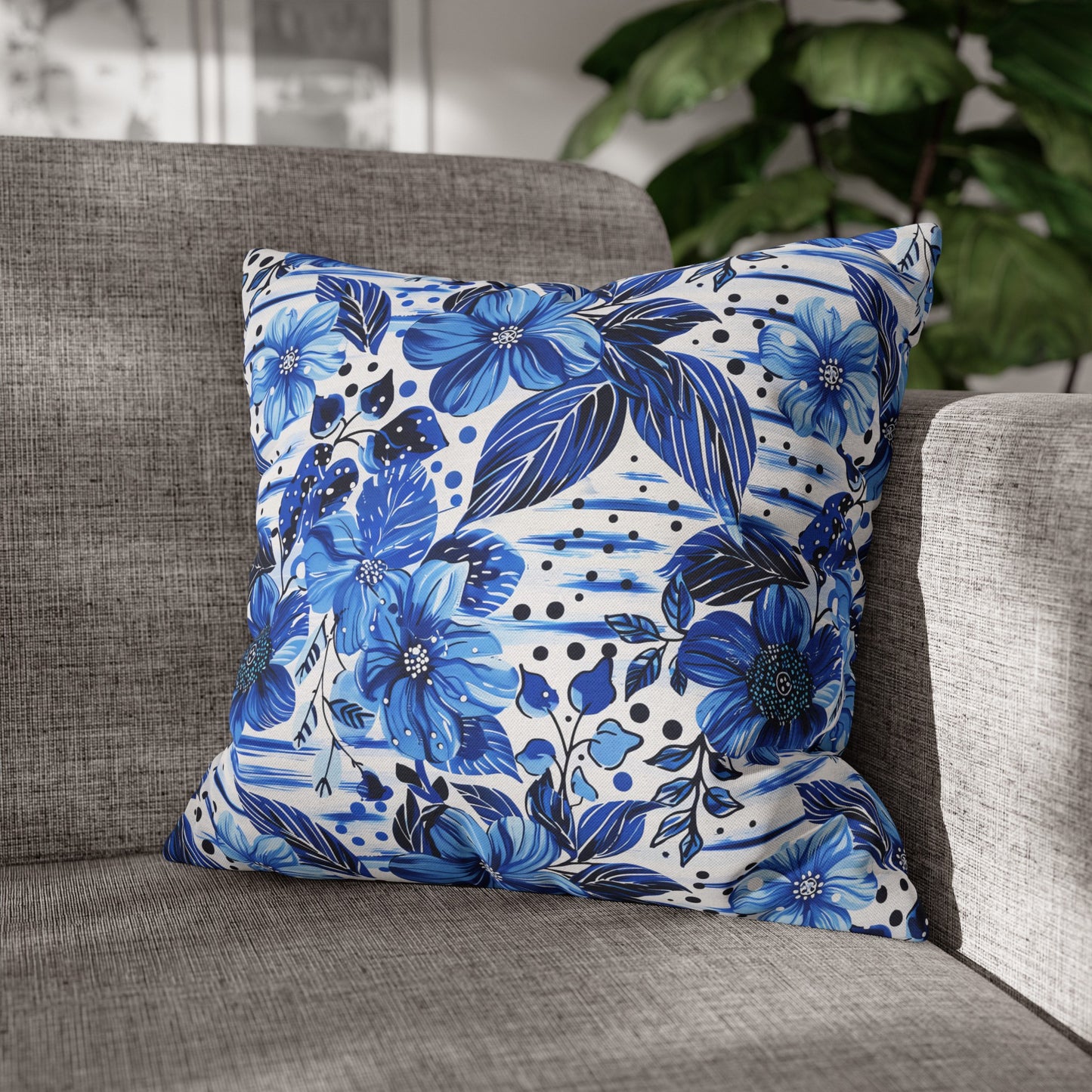 Floral Symphony in Shades of Blue, Harmonized with Abstract Lines Spun Polyester Square Pillowcase 4 Sizes