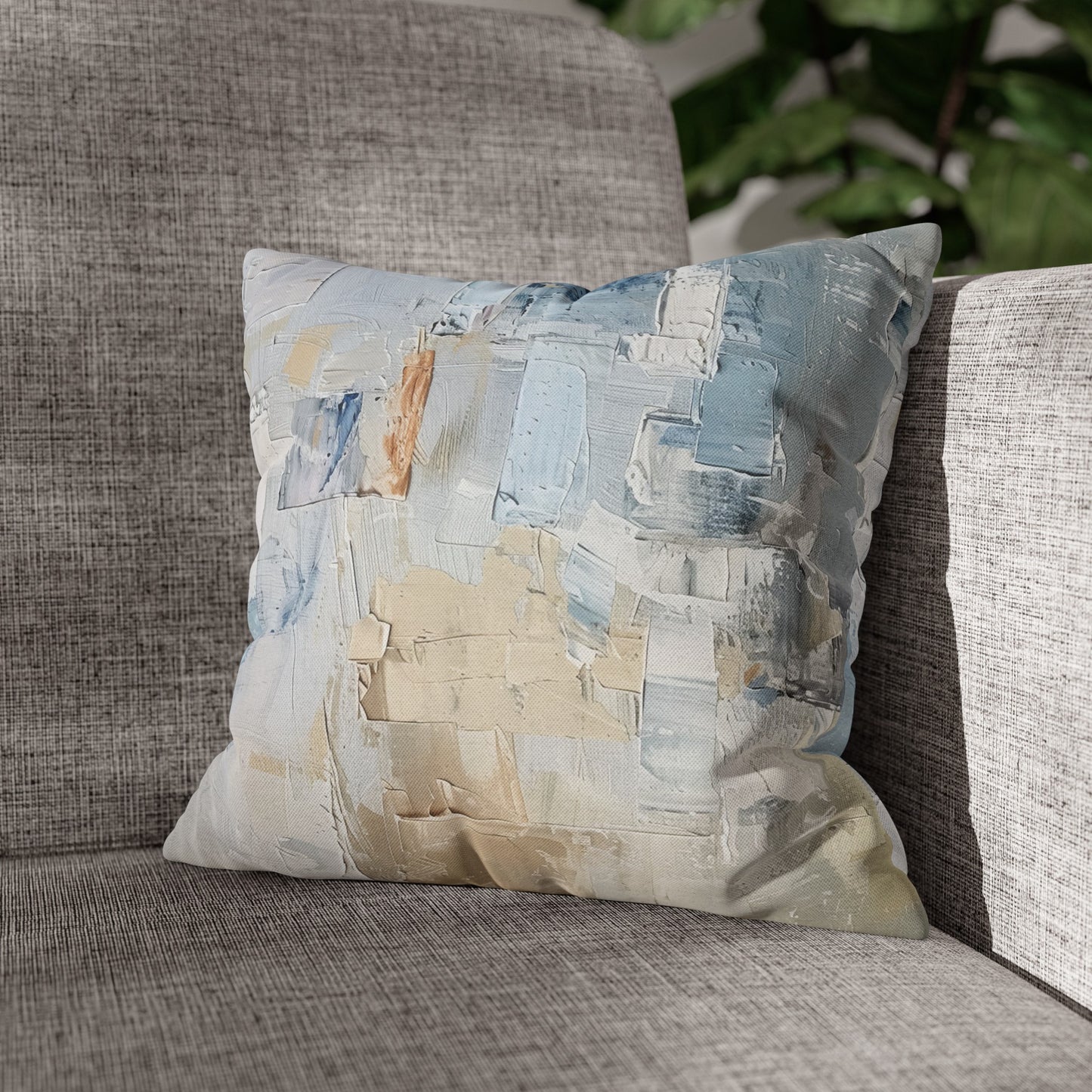 Bold Contrasts Abstract Tan, Grey and Blue Color Blocking with Heavy Strokes Spun Polyester Square Pillowcase 4 Sizes