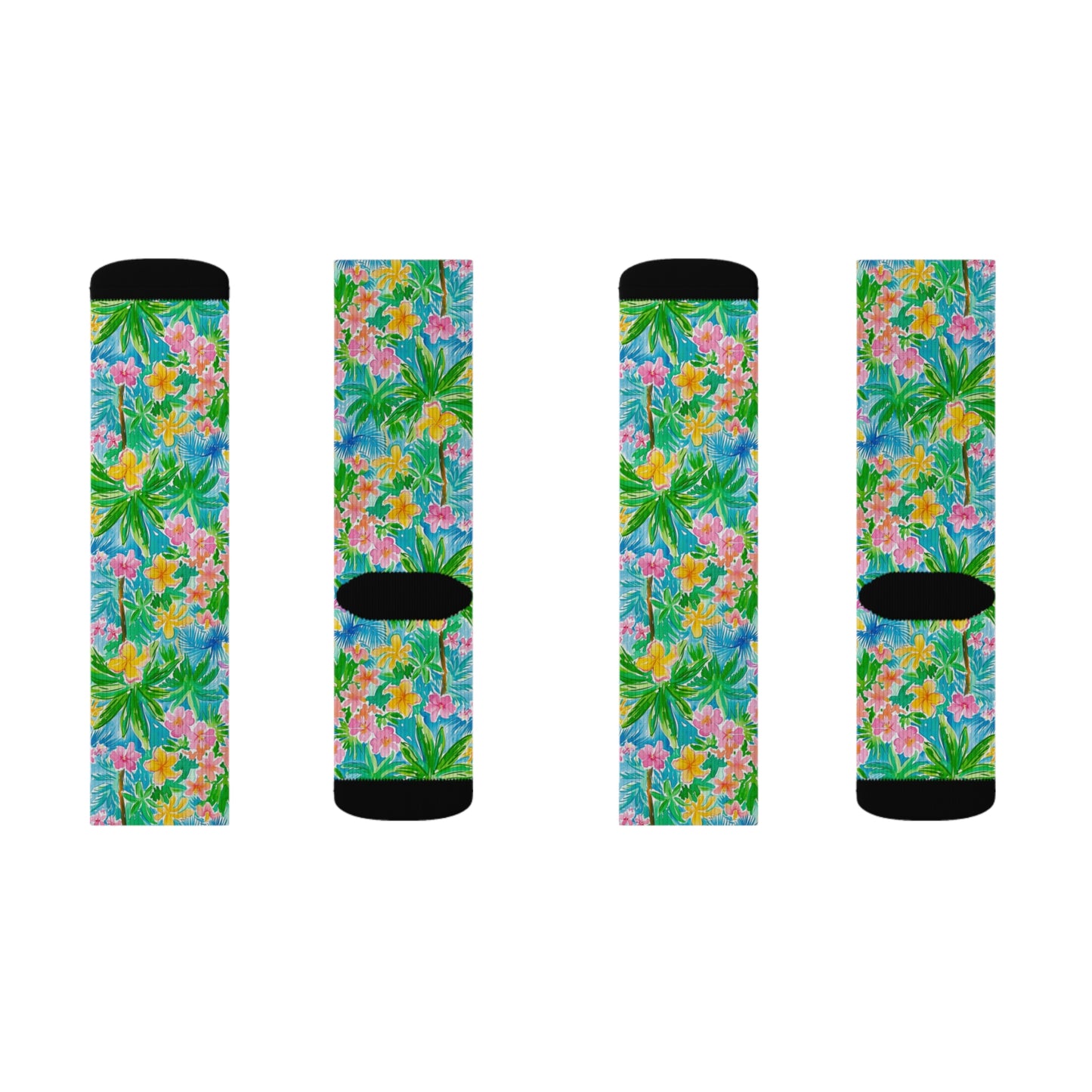 Tropical Harmony: Watercolor Yellow and Pink Hibiscus Flowers with Blue and Green Palm Leaves Ribbed Crew Socks