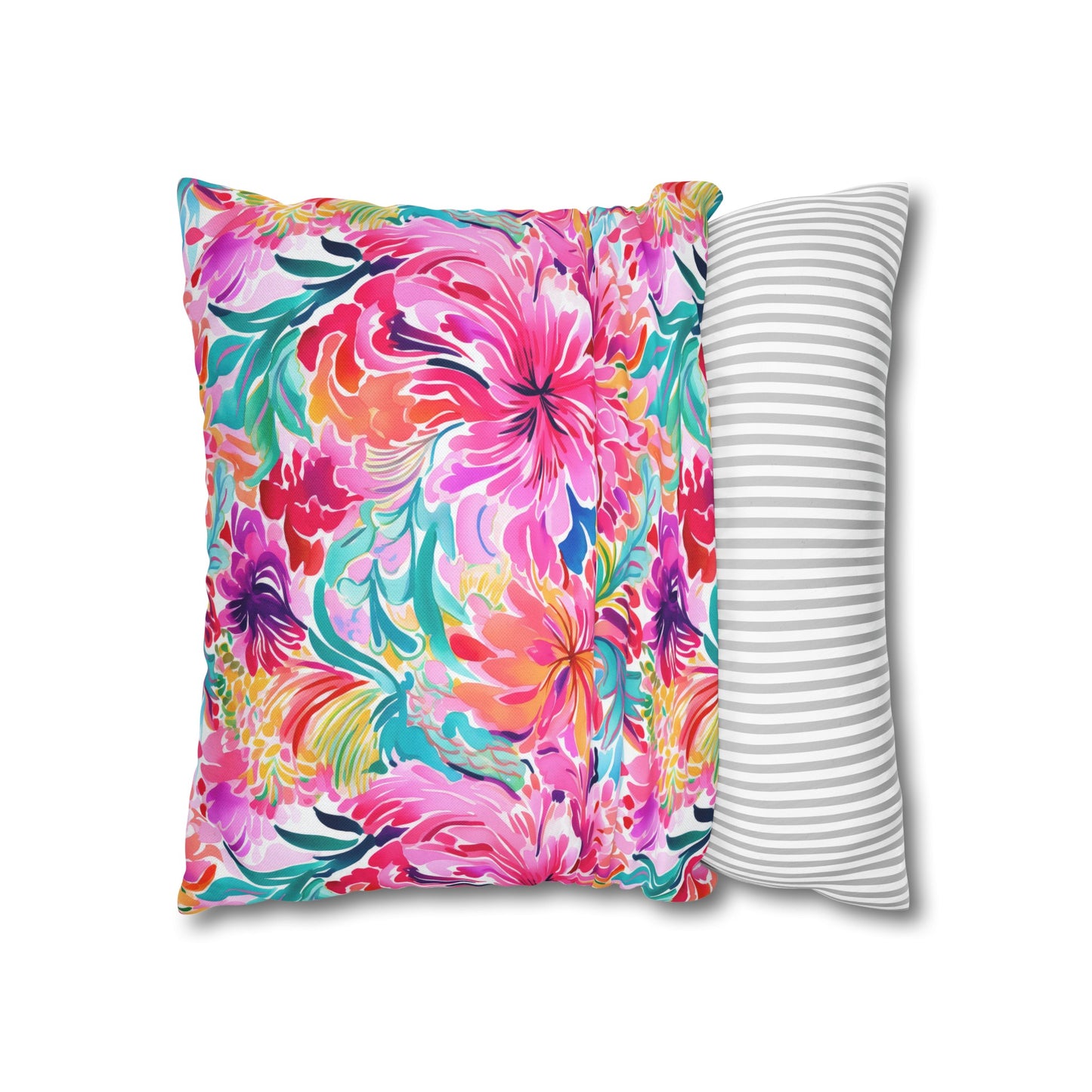 Rainbow Tropics: Watercolor Flowers in Vibrant Pink, Green and Orange Hues Spun Polyester Square Pillowcase 4 Sizes