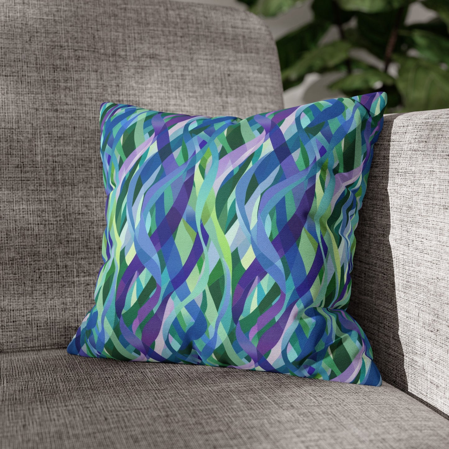 Vibrant Purple Blue and Green Ribbons Spun Polyester Square Pillowcase 4 Sizes