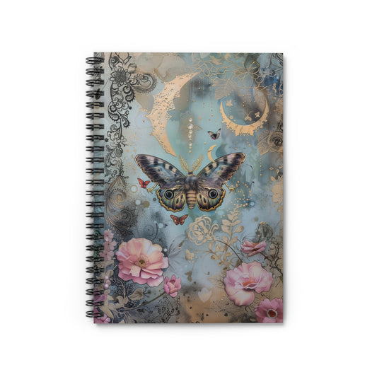 Mystical Butterfly and Pink & Teal Flowers Celestial Crescent Moon  - Spiral Notebook Ruled Line 6"x8"