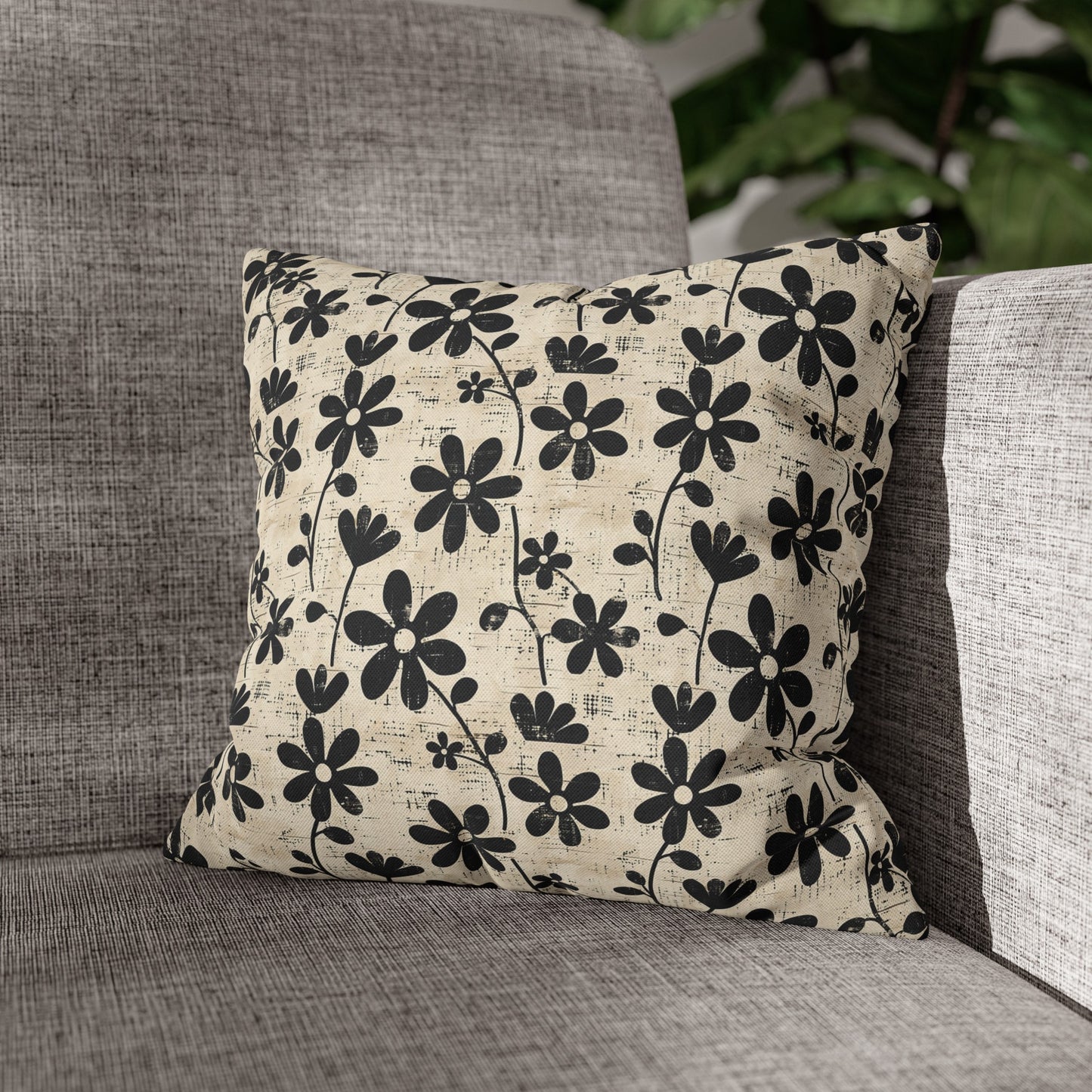 Distressed Black Floral on Beige Background Spun Polyester Square Pillowcase 4 Sizes