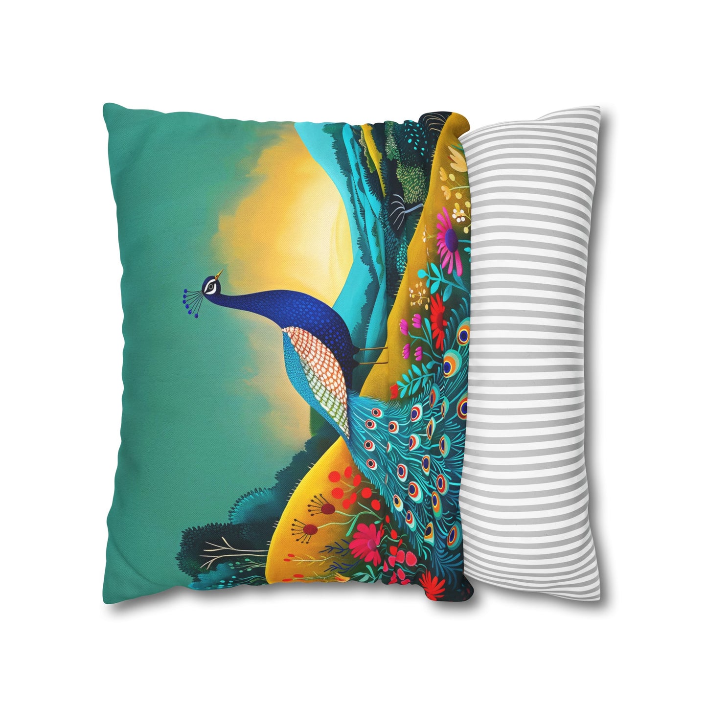 Radiant Peacock with Colorful Enchanted Garden and Sunrise Spun Polyester Square Pillowcase 4 Sizes