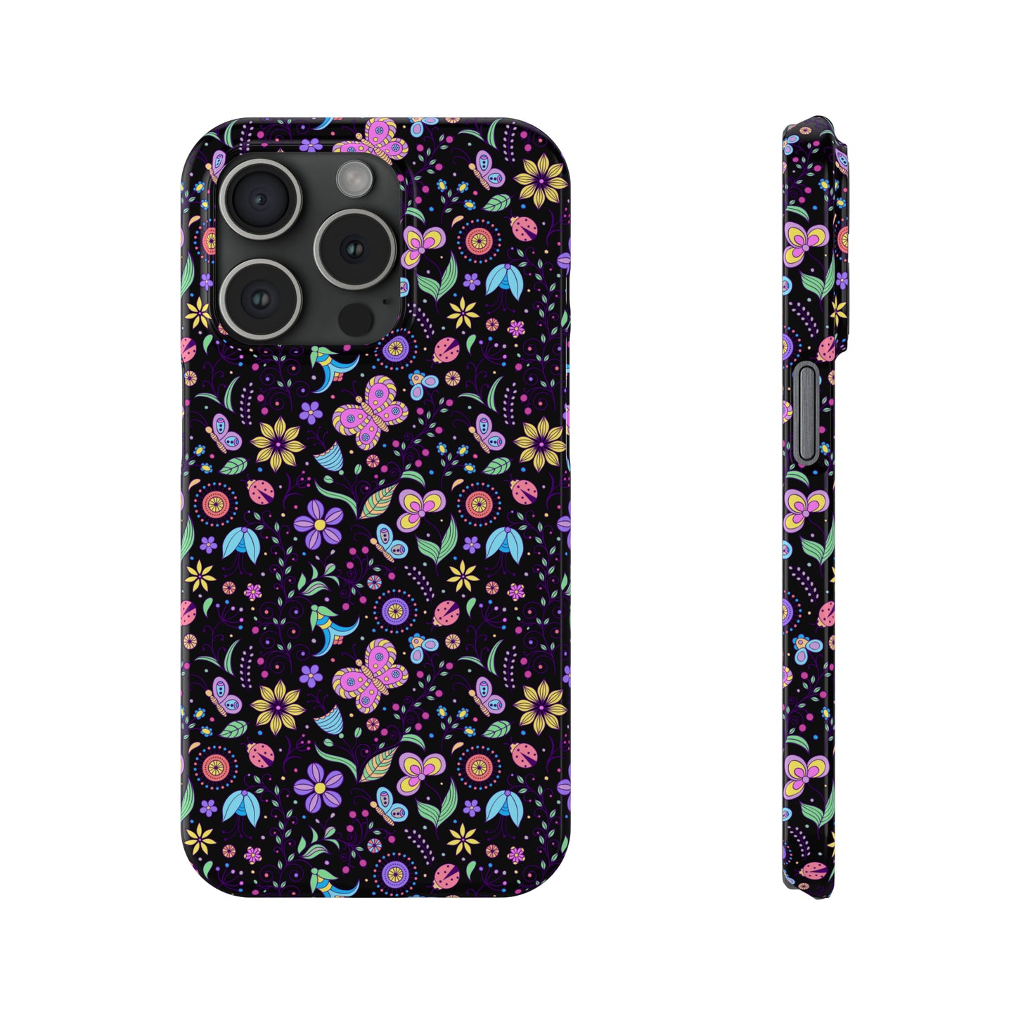 Butterflies and Flowers Black Background Iphone 15-12 Slim Phone Case