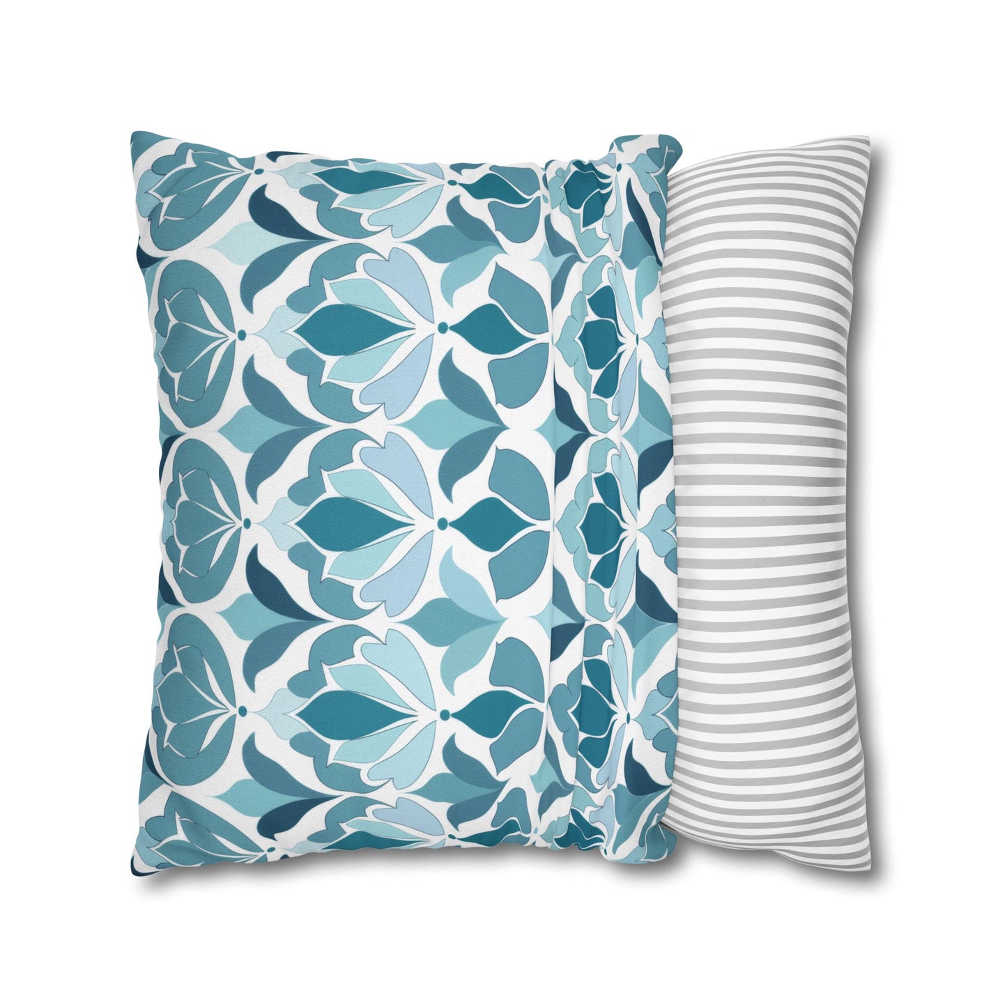 Serene Floral Pattern in Shades of Aqua and Teal, Forming Graceful Botanical Motifs Spun Polyester Square Pillowcase 4 Sizes