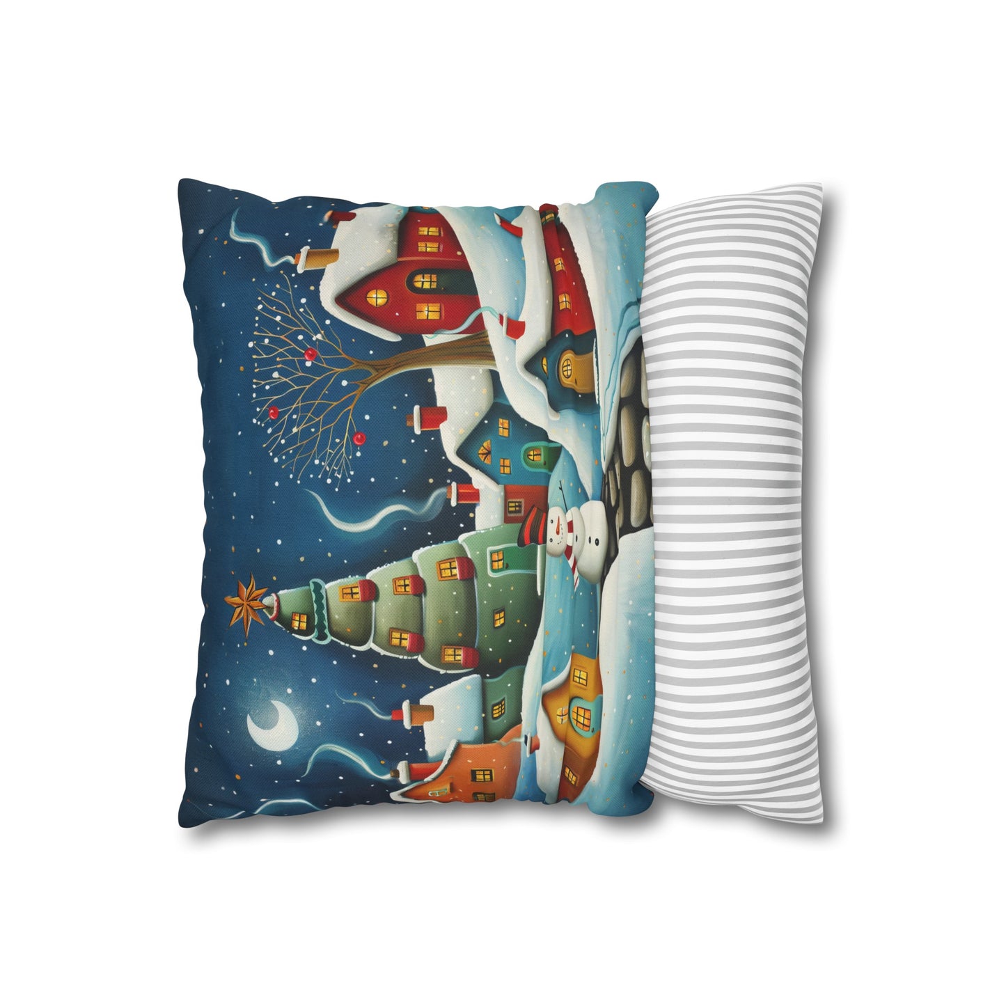 Starry Snowman Serenade: Village under a Starry Night Sky Spun Polyester Square Pillowcase 4 Sizes