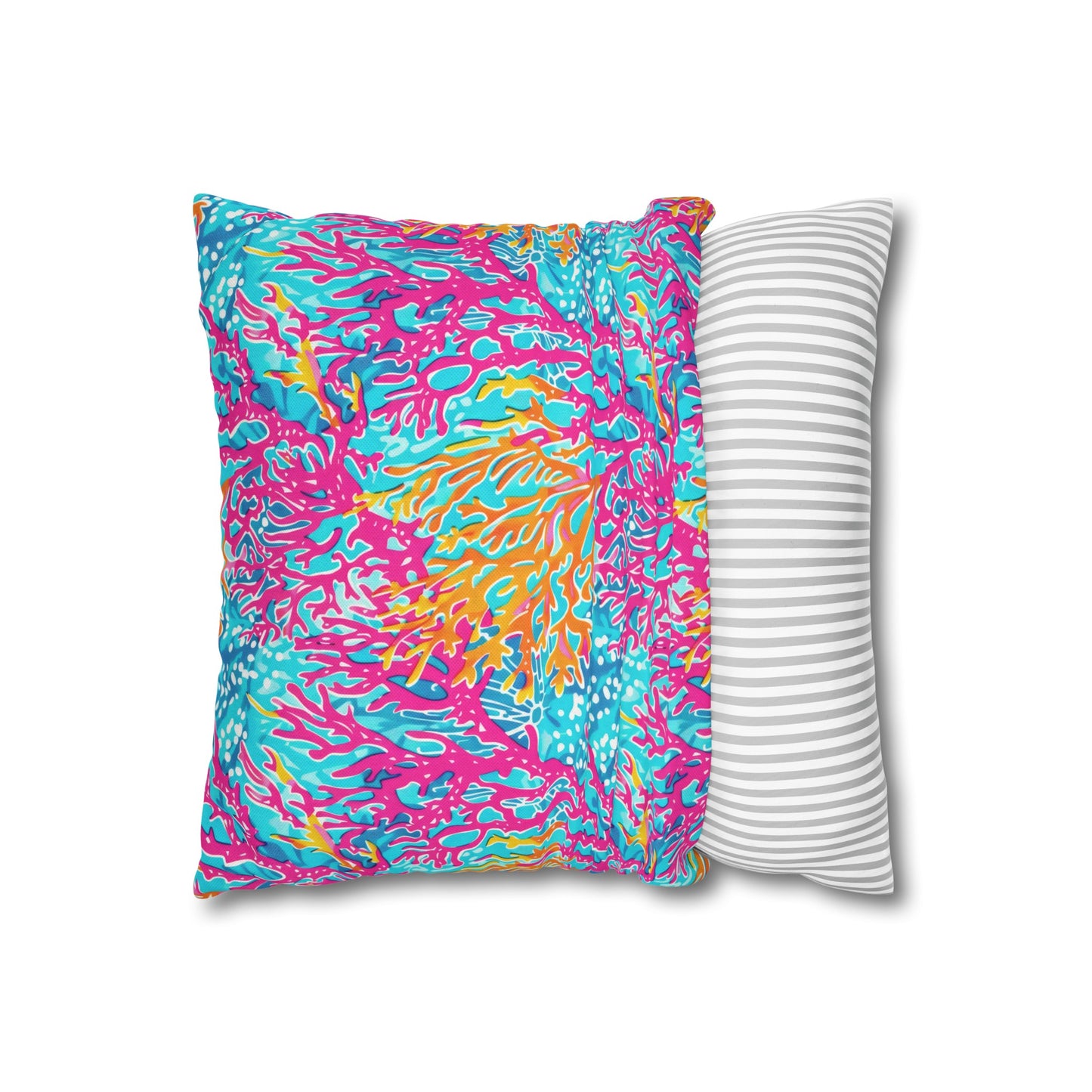 Coral Symphony: Bright Pink, Yellow, and Coral Dancing in the Blue Ocean Spun Polyester Square Pillowcase 4 Sizes