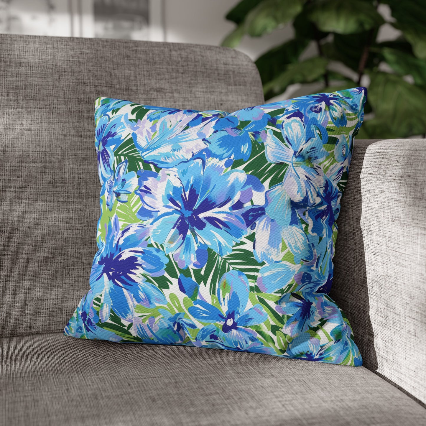 Azure Bloom Oasis: Bright Blue Large Flowers with Lush Green Palm Leaves Spun Polyester Square Pillowcase 4 Sizes