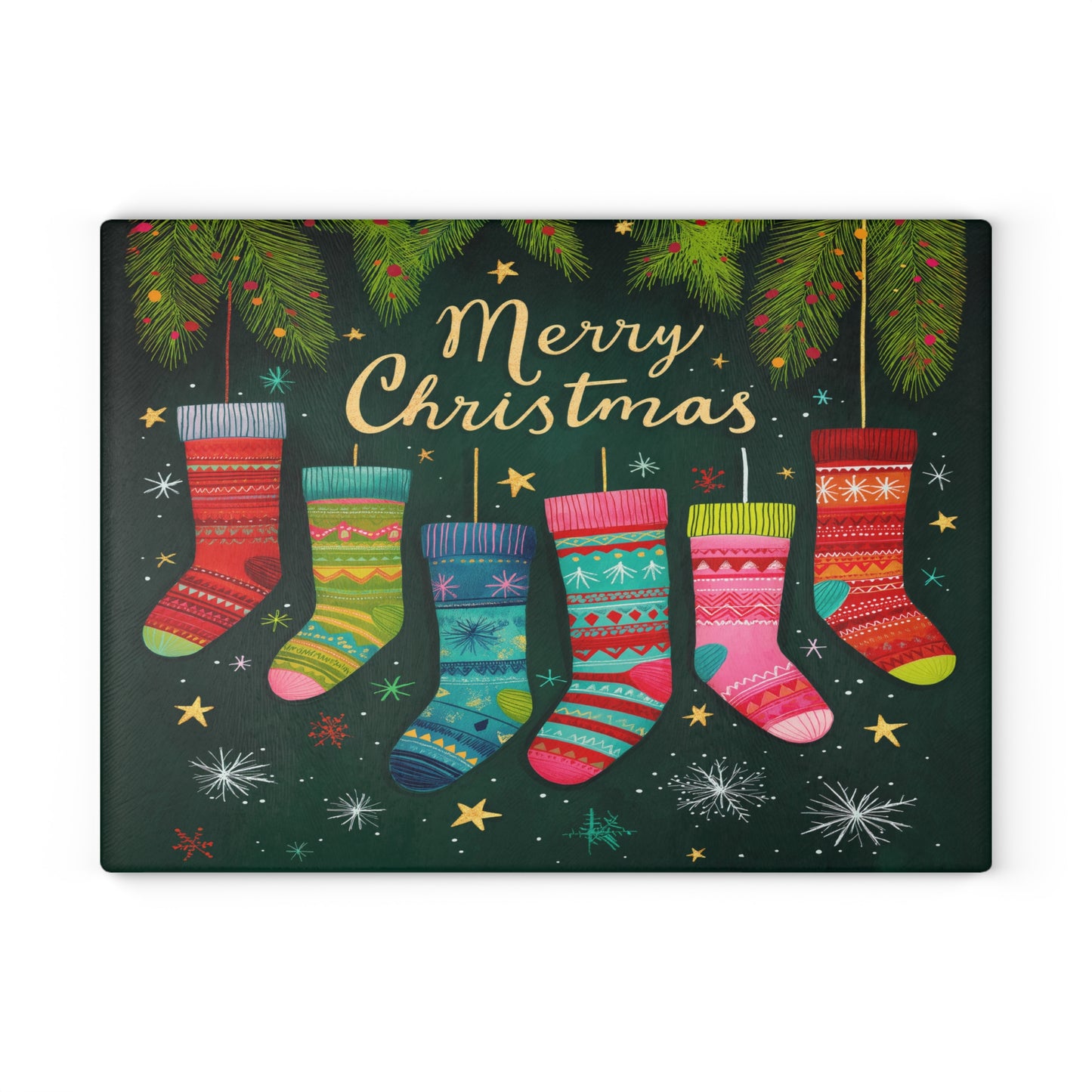 Merry Christmas Stockings Glass Cutting Board, Charcuterie Serving Tray 2 Sizes