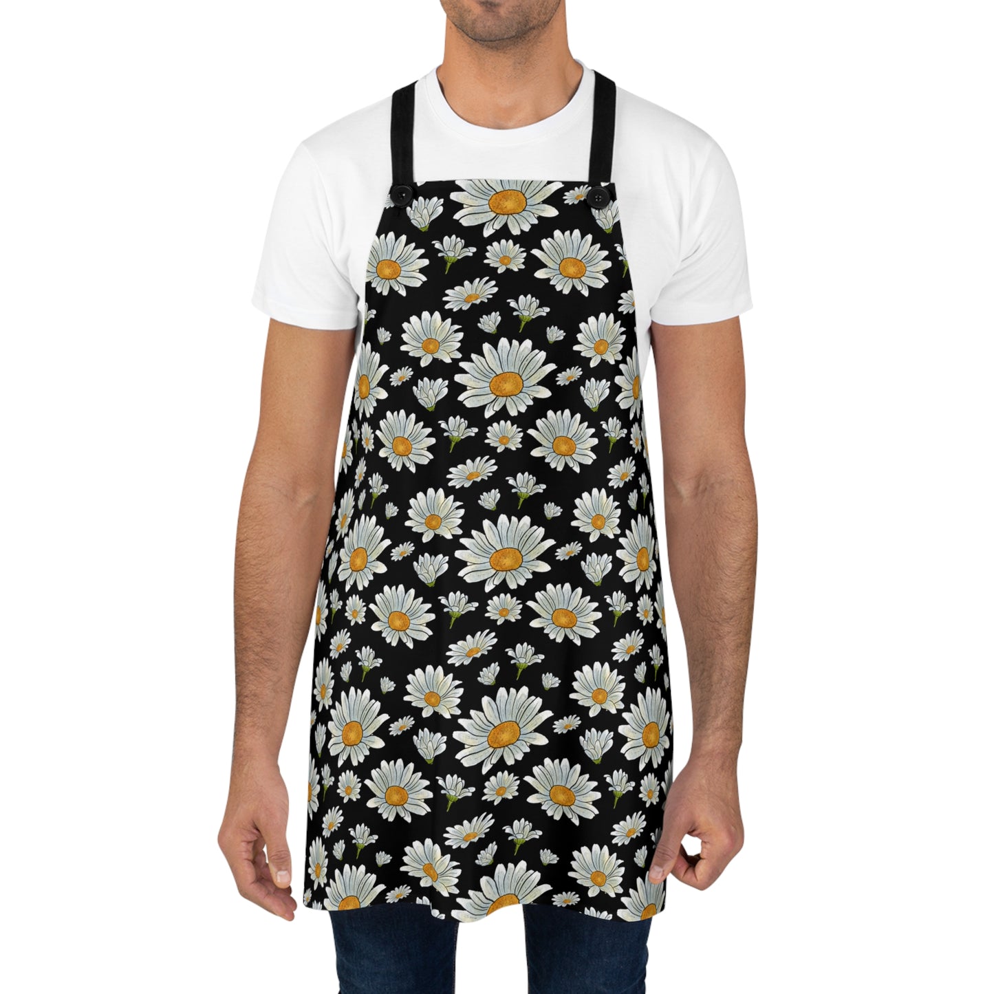 Large Watercolor Summer Daisies Blooming Against a Bold Black Background - Kitchen Chef Apron