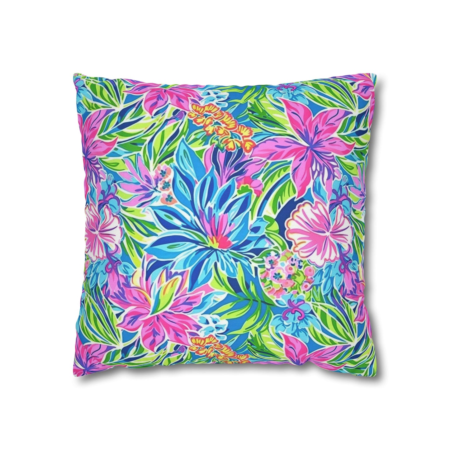 Summer Harmony: Pink and Blue Blooms with Lush Green Leaves Spun Polyester Square Pillowcase 4 Sizes