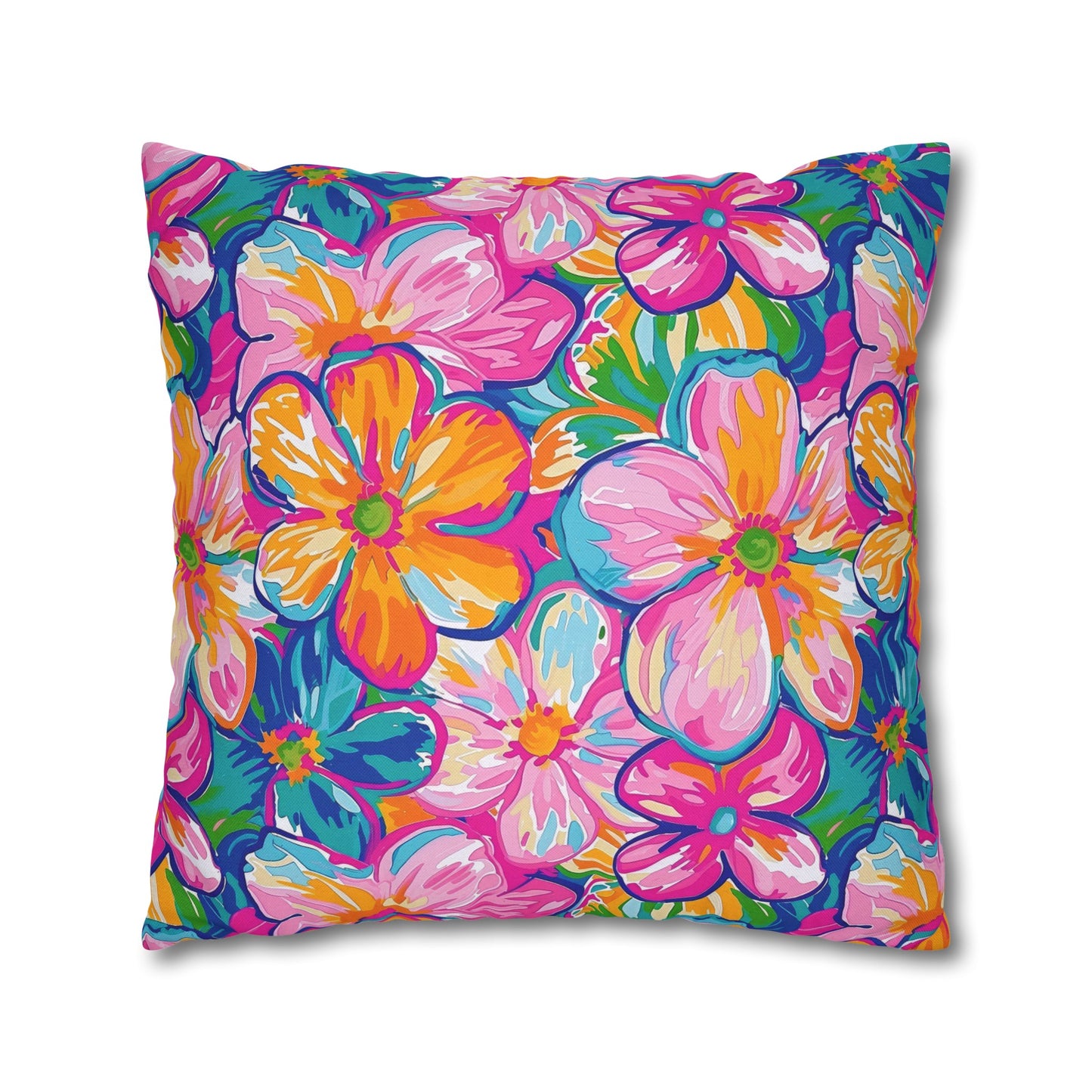 Chromatic Blossoms: Large Watercolor Flowers in Mixed Pinks, Blues, and Oranges Spun Polyester Square Pillowcase 4 Sizes