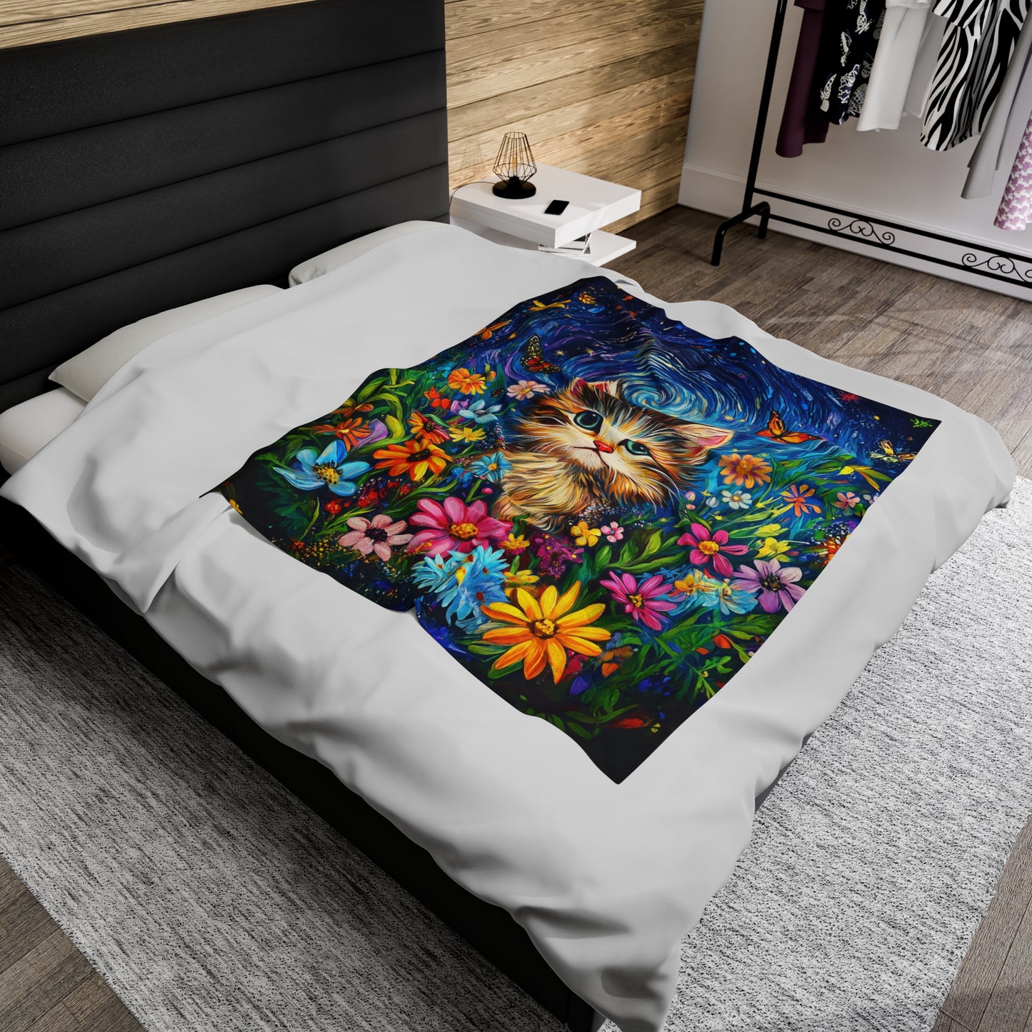 Whimsical Kitten Amidst a Van Gogh-Inspired Floral Fantasy Velveteen Plush Blanket 3 Sizes