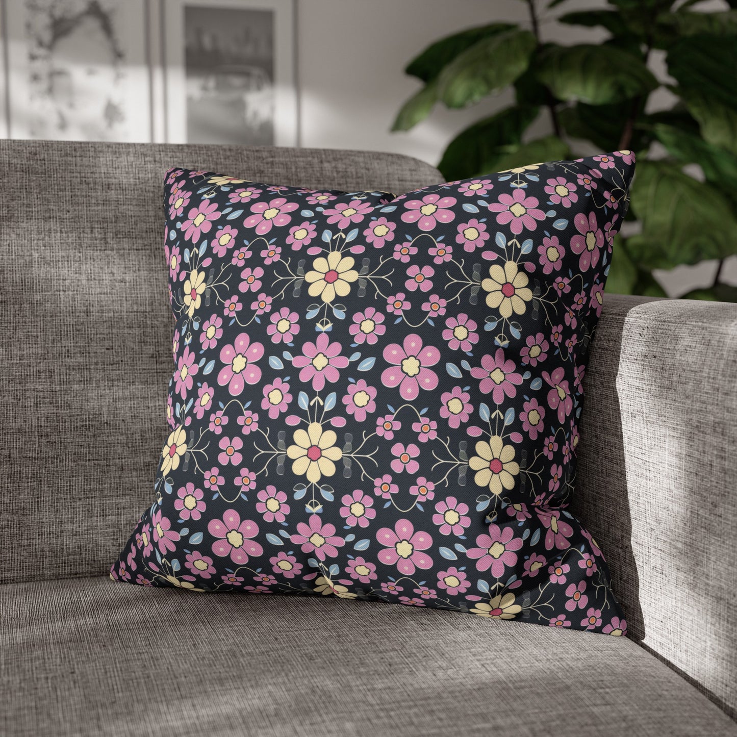 Charming Pastel Pink and Yellow Flowers on Navy Blue Background Spun Polyester Square Pillowcase 4 Sizes