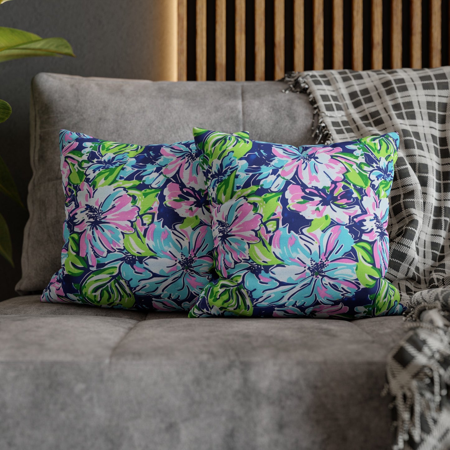 Seaside Coastal Pink, Navy, and Green Tropical Blooms Spun Polyester Square Pillowcase 4 Sizes