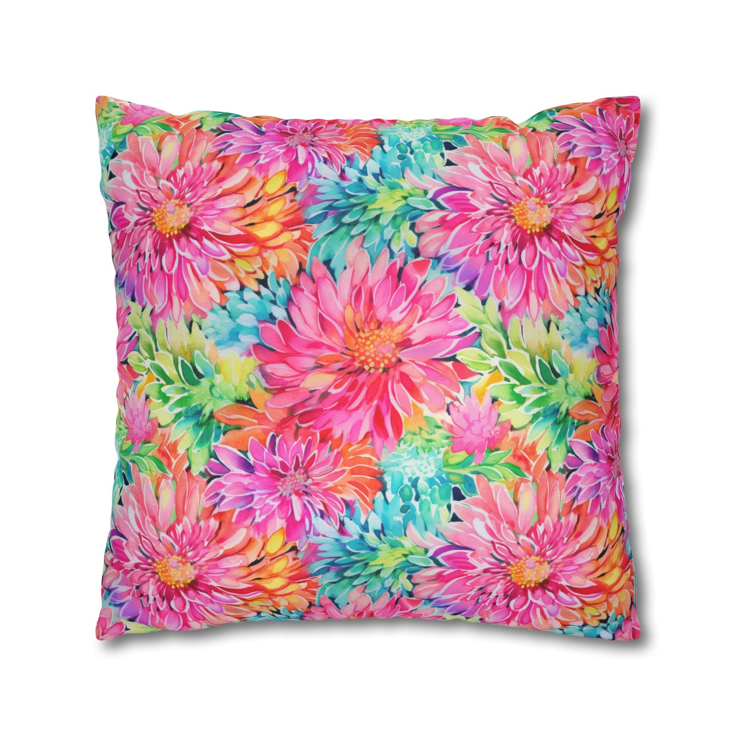 Blooming Spectrum: Large Vibrant Watercolor Flowers in Full Bloom Spun Polyester Square Pillowcase 4 Sizes