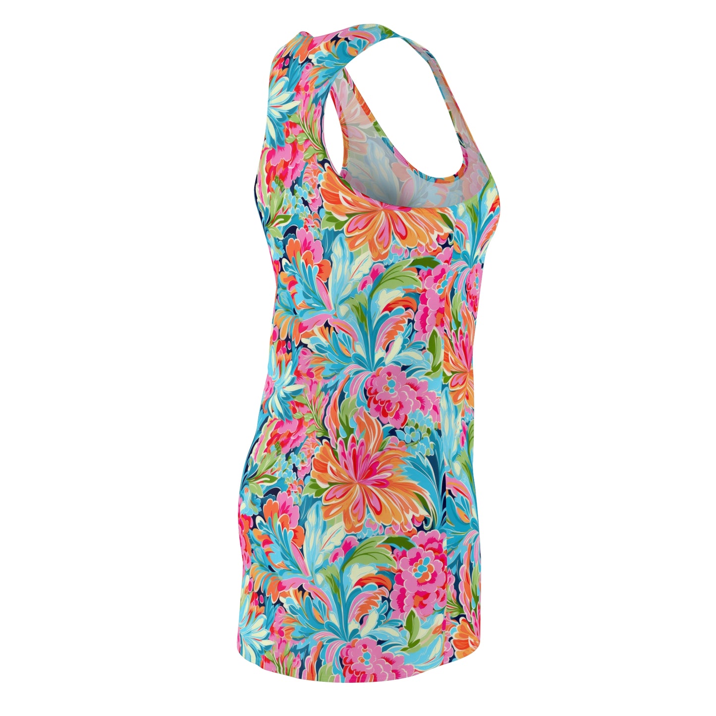 Tropical Radiance: Bursting Summer Blooms in Teal, Orange, and Pink Women's Racerback Dress XS - 2XL