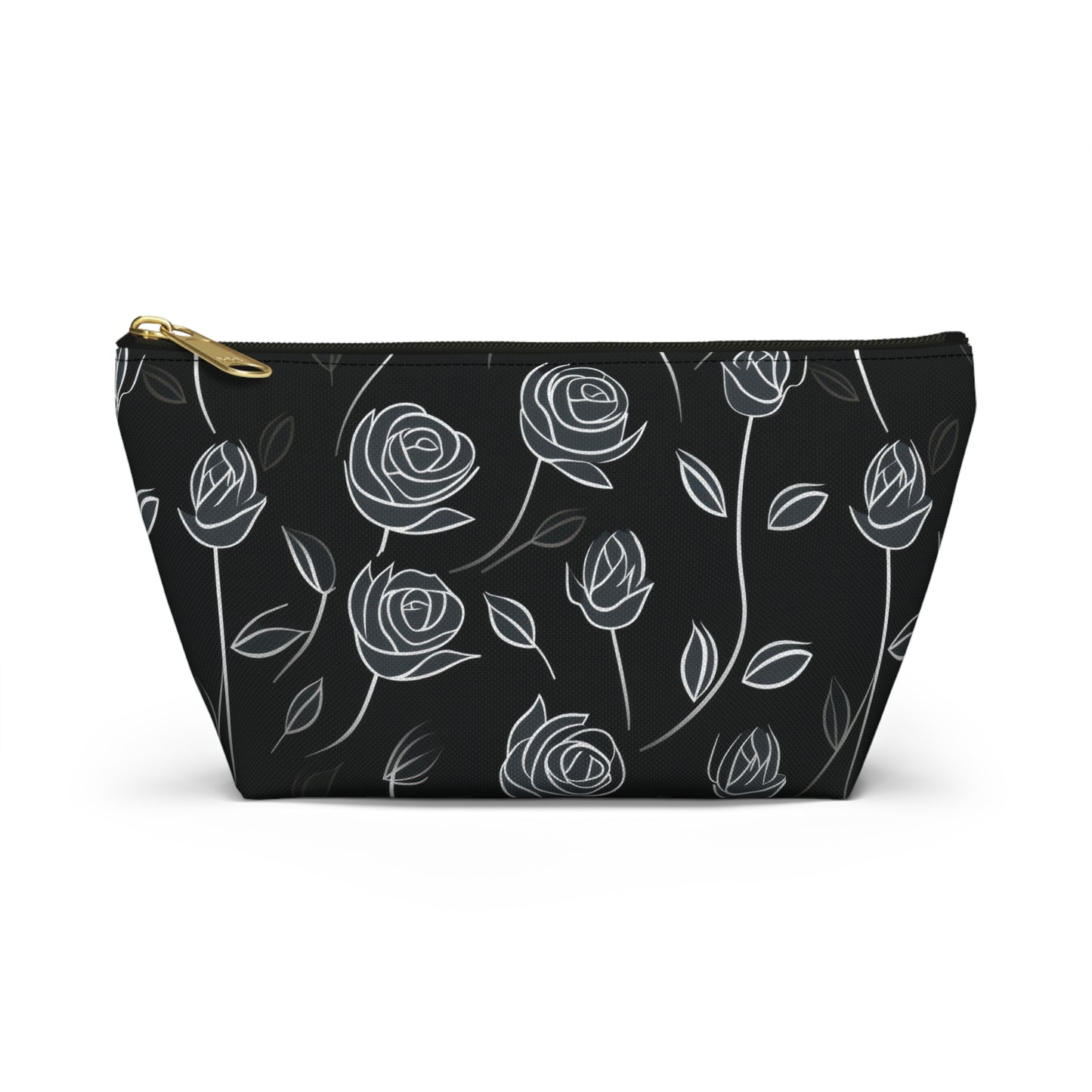 Contrasting Elegance: White Outlined Roses on a Black Background  - Makeup & Accessory Bag 2 Sizes