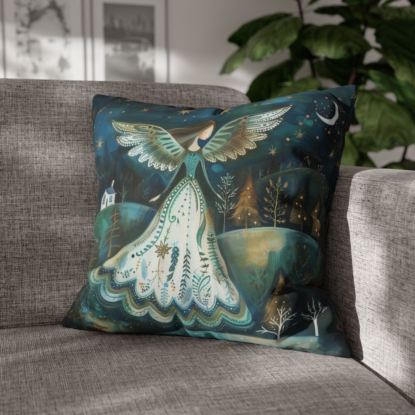 Starry Serenade: Angel in Flowing Dress Amidst a Starry Night Spun Polyester Square Pillowcase 4 Sizes