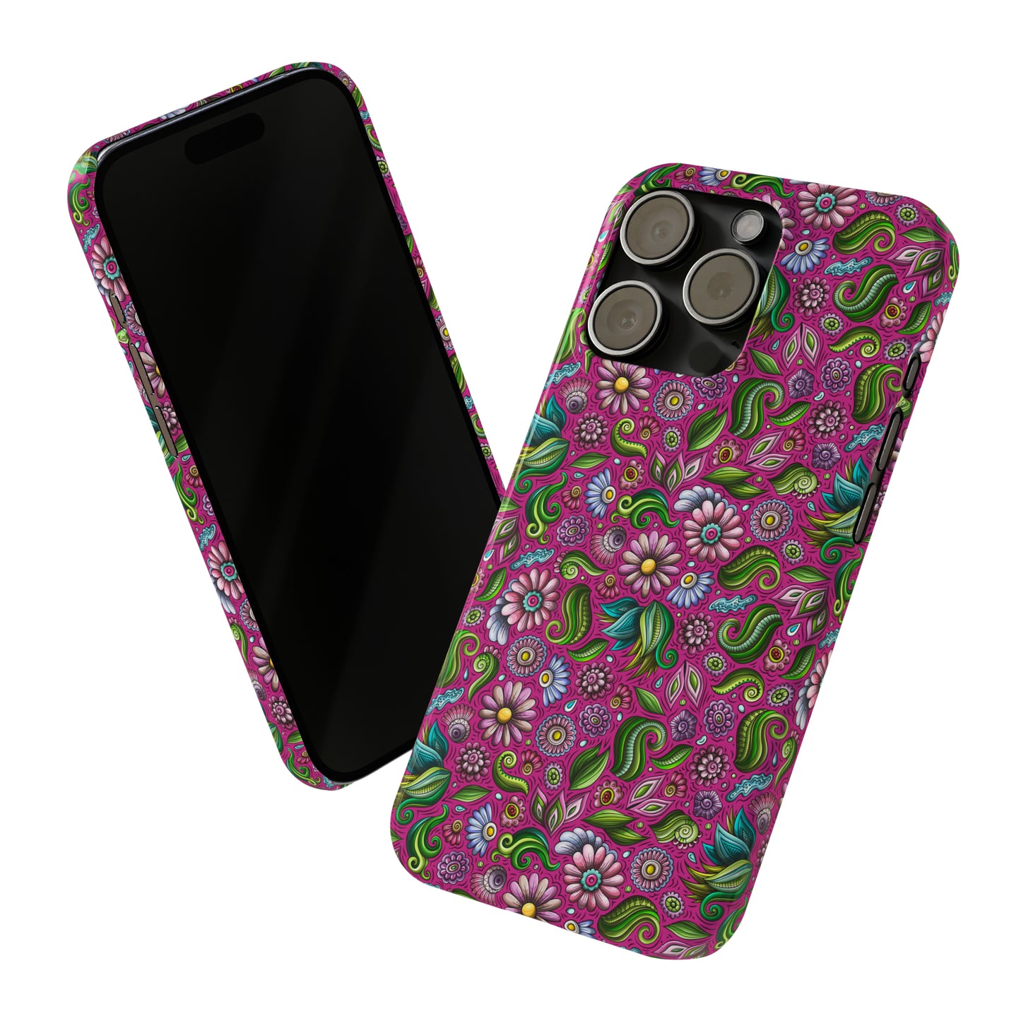 Purple & Pink Daisy Floral Print Hot Pink Background Iphone 15-12 Slim Phone Case