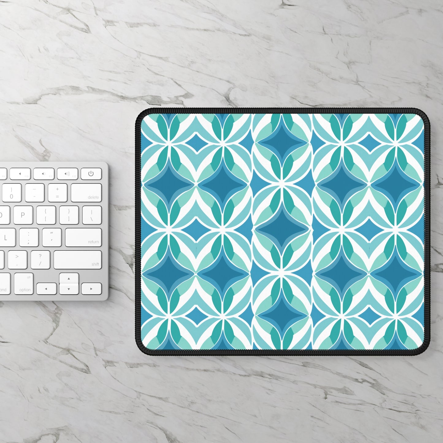 Retro Abstract Blue, Teal, and Aqua Pattern Mouse Pad with Finished Edges