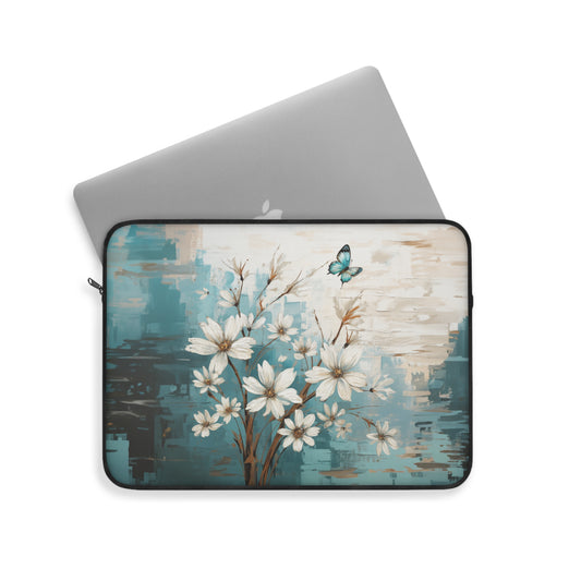 Rustic Farmhouse White and Teal Wild Daisies and Butterflies - Laptop or Ipad Protective Sleeve 3 Sizes