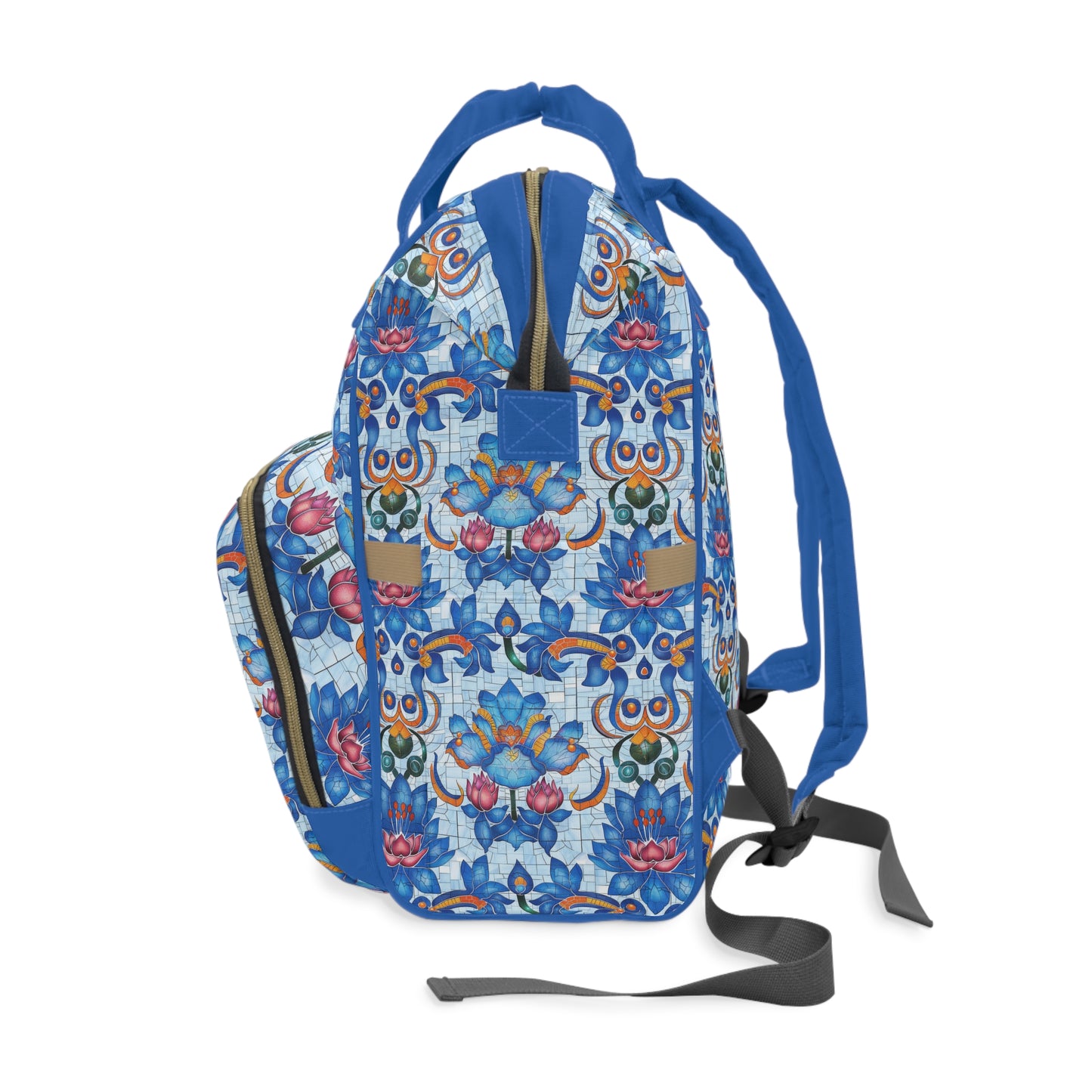 Majestic Mosaic Blossoms Vibrant Blue and Pink Floral Tile Design Multifunctional Diaper Backpack