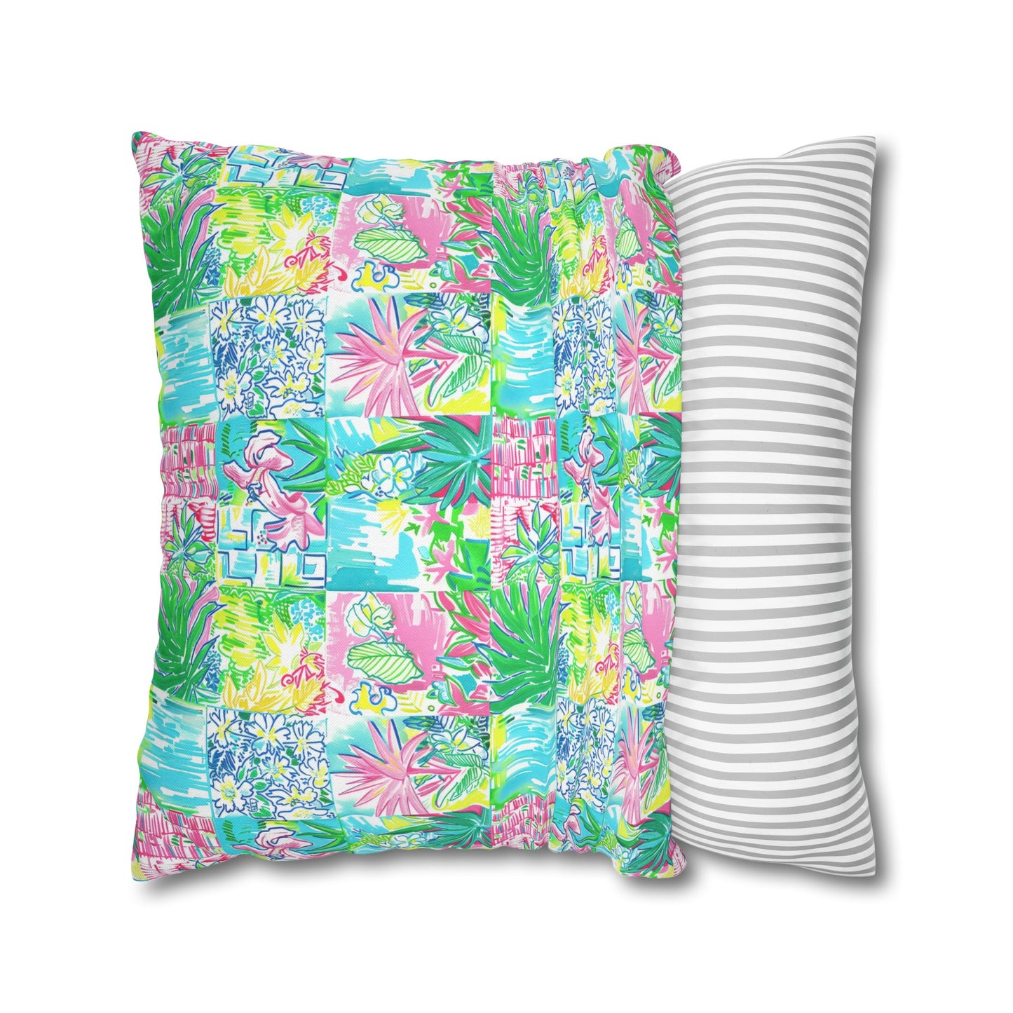 Whimsical Palm Trees and Flowers in Vibrant Pink, Teal, and Green Collage Spun Polyester Square Pillowcase 4 Sizes