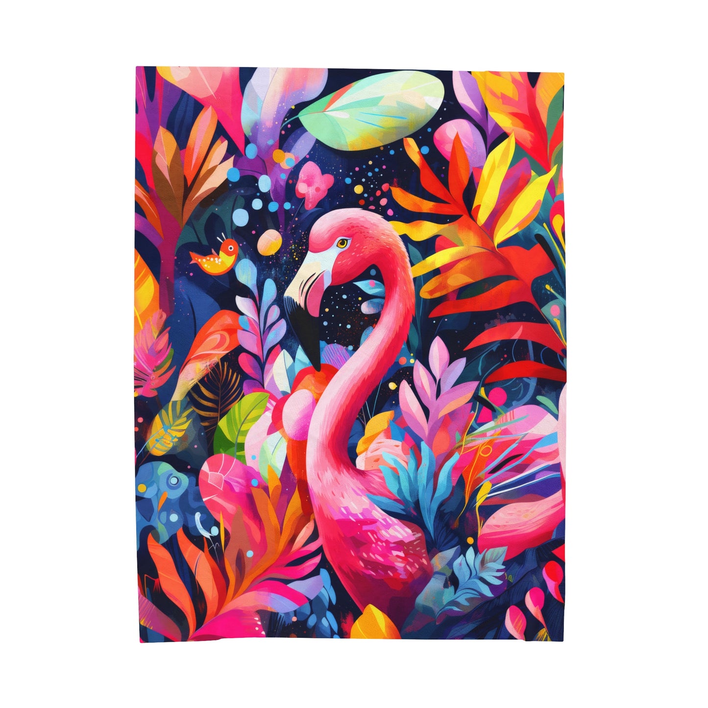 Vibrant Flamingo in a Jungle of Bold Colors and Leaves Velveteen Plush Blanket 3 Sizes