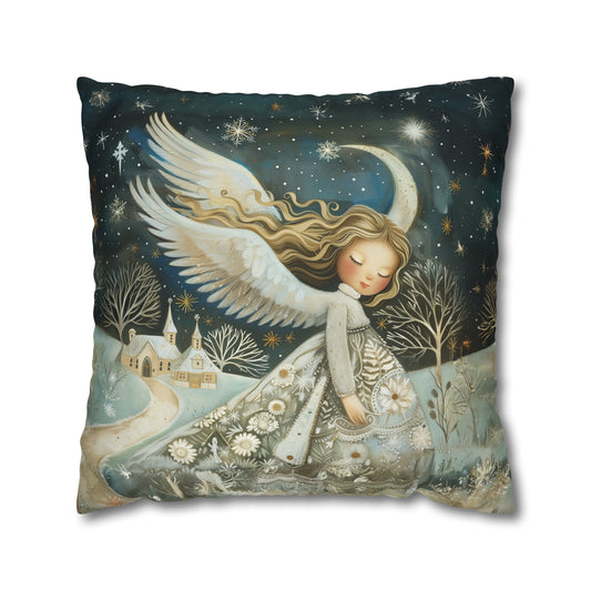 Guardian of Bloom: Young Angel in Floral Dress Amidst a Quaint Village Spun Polyester Square Pillowcase 4 Sizes