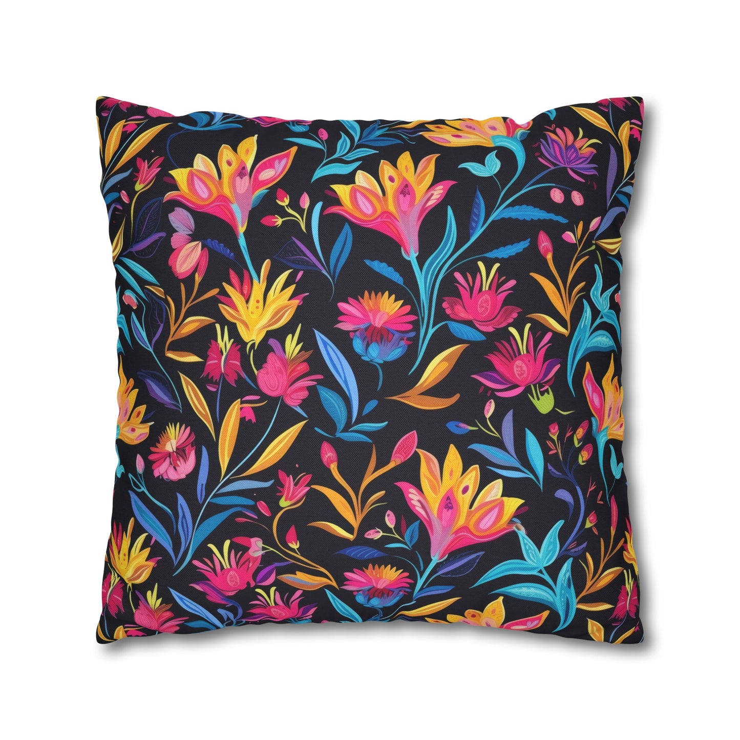 Vibrant Floral Fantasy in Midnight Garden Design Spun Polyester Square Pillowcase 4 Sizes