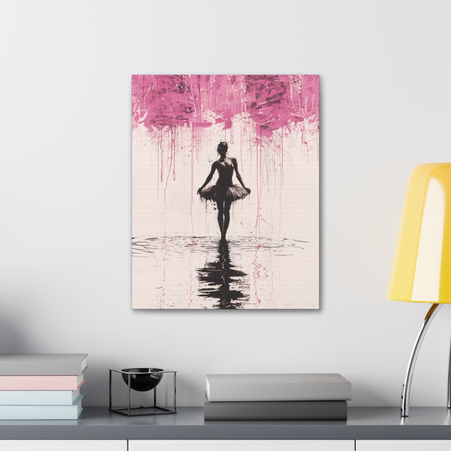 Dreamlike Reverie: Ballerina Dancing Amidst Pink Clouds and Gentle Rain Print on Canvas Gallery - 13 Sizes