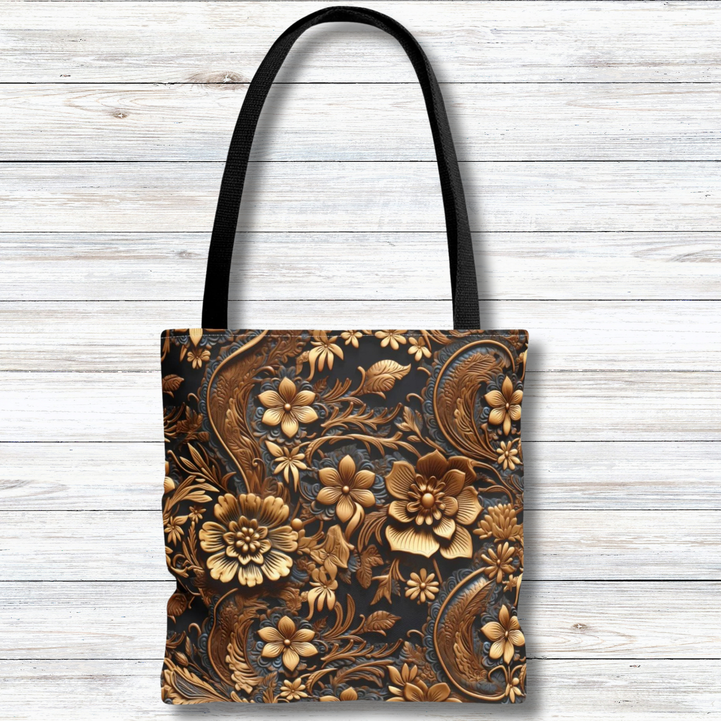 Tooled Leather Large Gold Flowers with Blue Leaf Swirl Accents Print Design  - Canvas Tote 3 Sizes