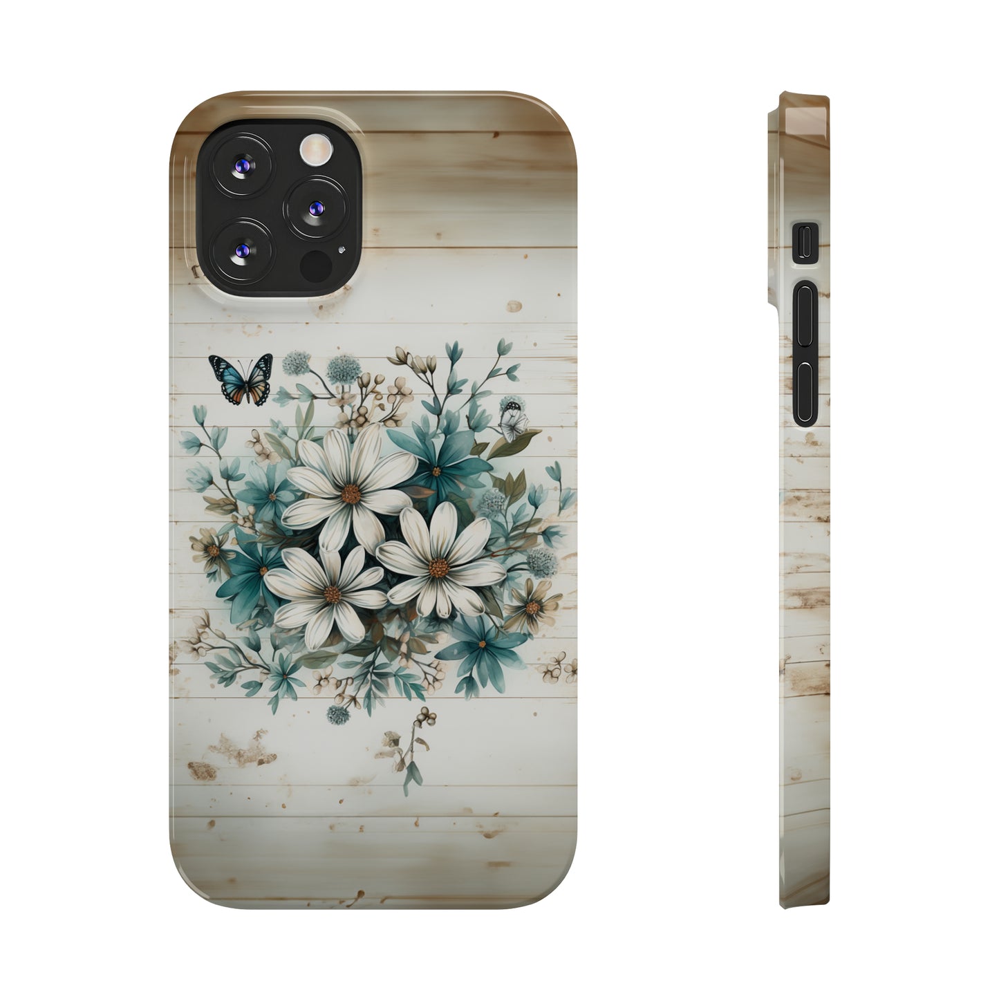 Rustic Charm Bouquet featuring Teal Accents White Wild Daisies with Butterflies  Iphone 15-12 Slim Phone Case