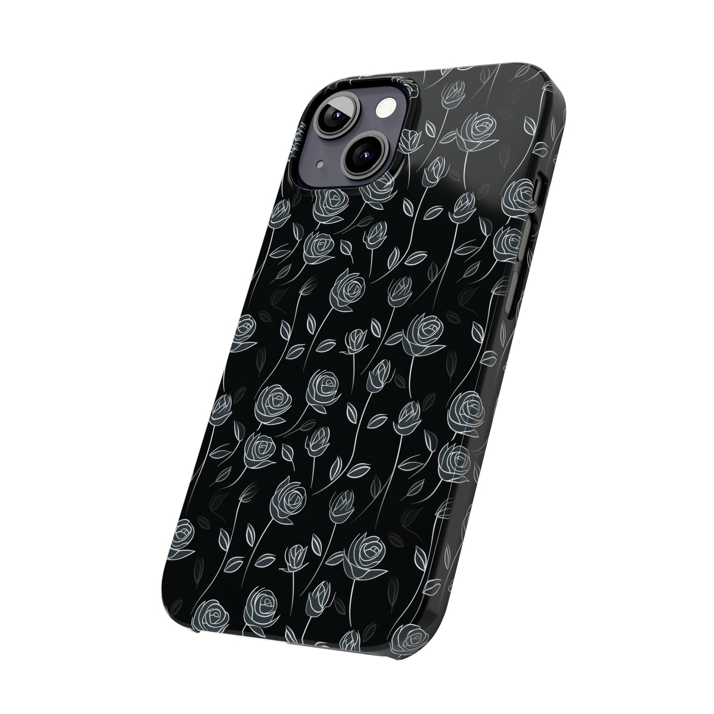 Contrasting Elegance: White Outlined Roses on a Black Background Iphone 15-12 Slim Phone Case