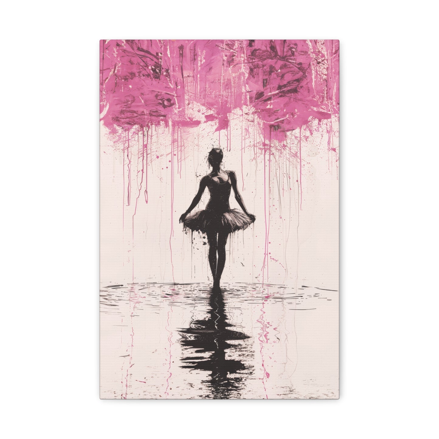 Dreamlike Reverie: Ballerina Dancing Amidst Pink Clouds and Gentle Rain Print on Canvas Gallery - 13 Sizes