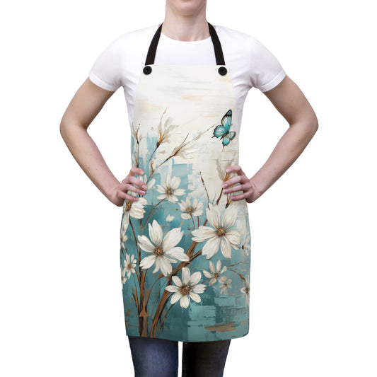 Rustic Farmhouse White and Teal Wild Daisies and Butterflies - Kitchen Chef Apron