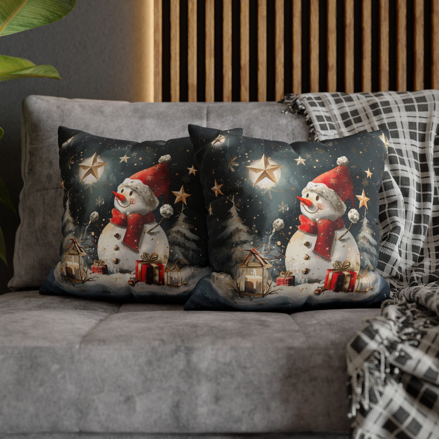 Moonlit Frost: Snowman Basking in Moonlight Surrounded by Presents Spun Polyester Square Pillowcase 4 Sizes