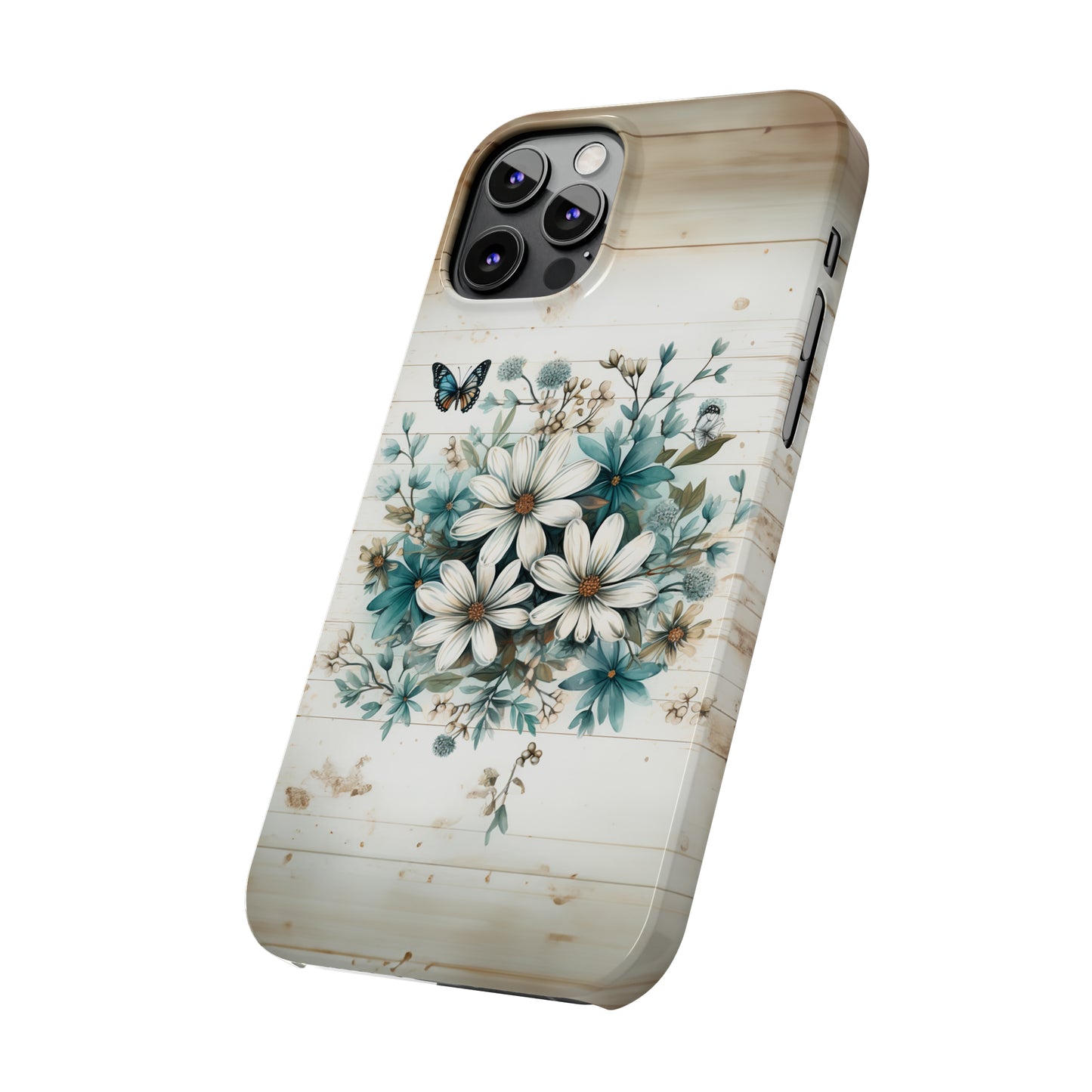 Rustic Charm Bouquet featuring Teal Accents White Wild Daisies with Butterflies  Iphone 15-12 Slim Phone Case