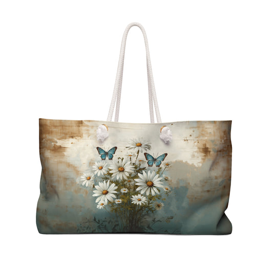 Rustic Farmhouse Daisy and Butterfly Design - Weekender Oversized Canvas Tote Bag 24" × 13"