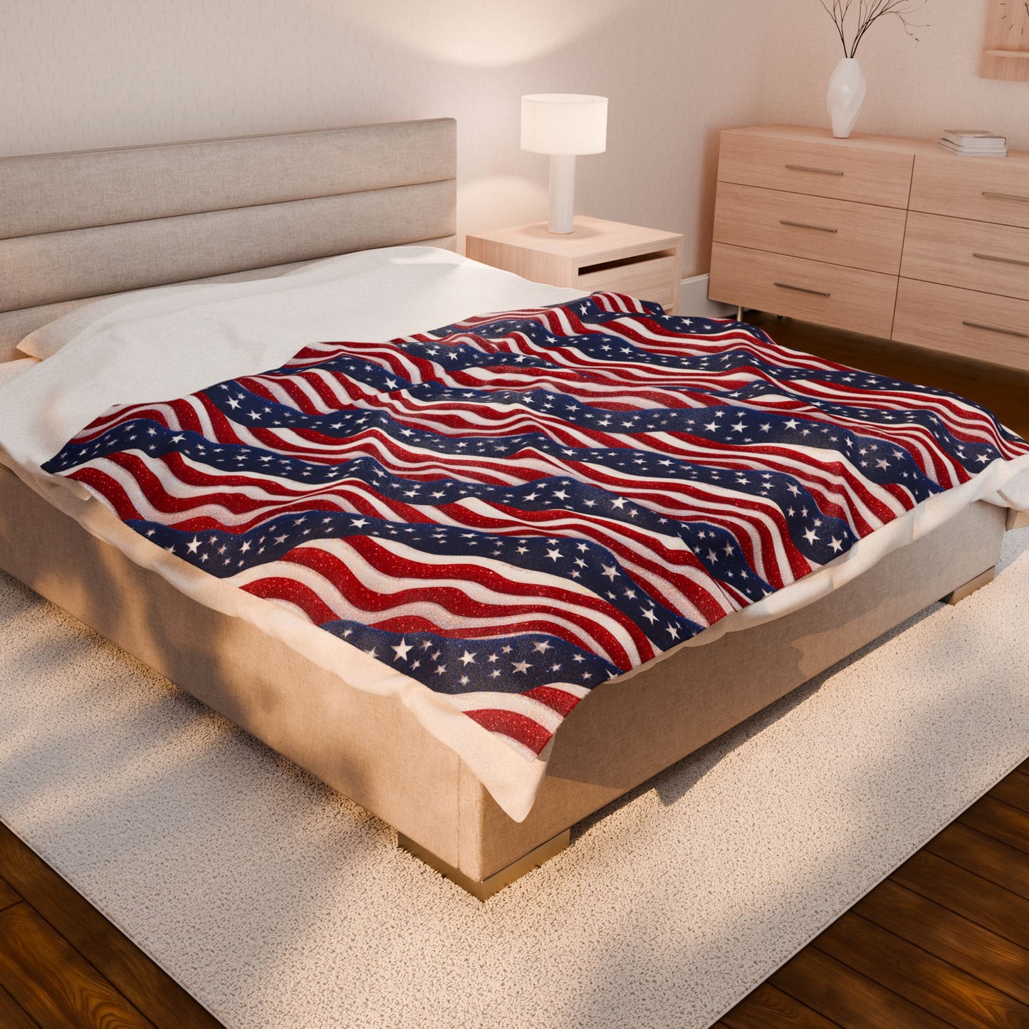 Patriotic Stars and Stripes Print Velveteen Plush Blanket 3 Sizes
