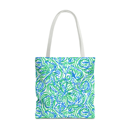 Emerald Tide: Swirling Green and Blue Flowers Canvas Tote Bag 3 Sizes