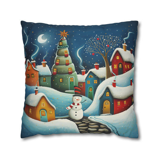 Starry Snowman Serenade: Village under a Starry Night Sky Spun Polyester Square Pillowcase 4 Sizes