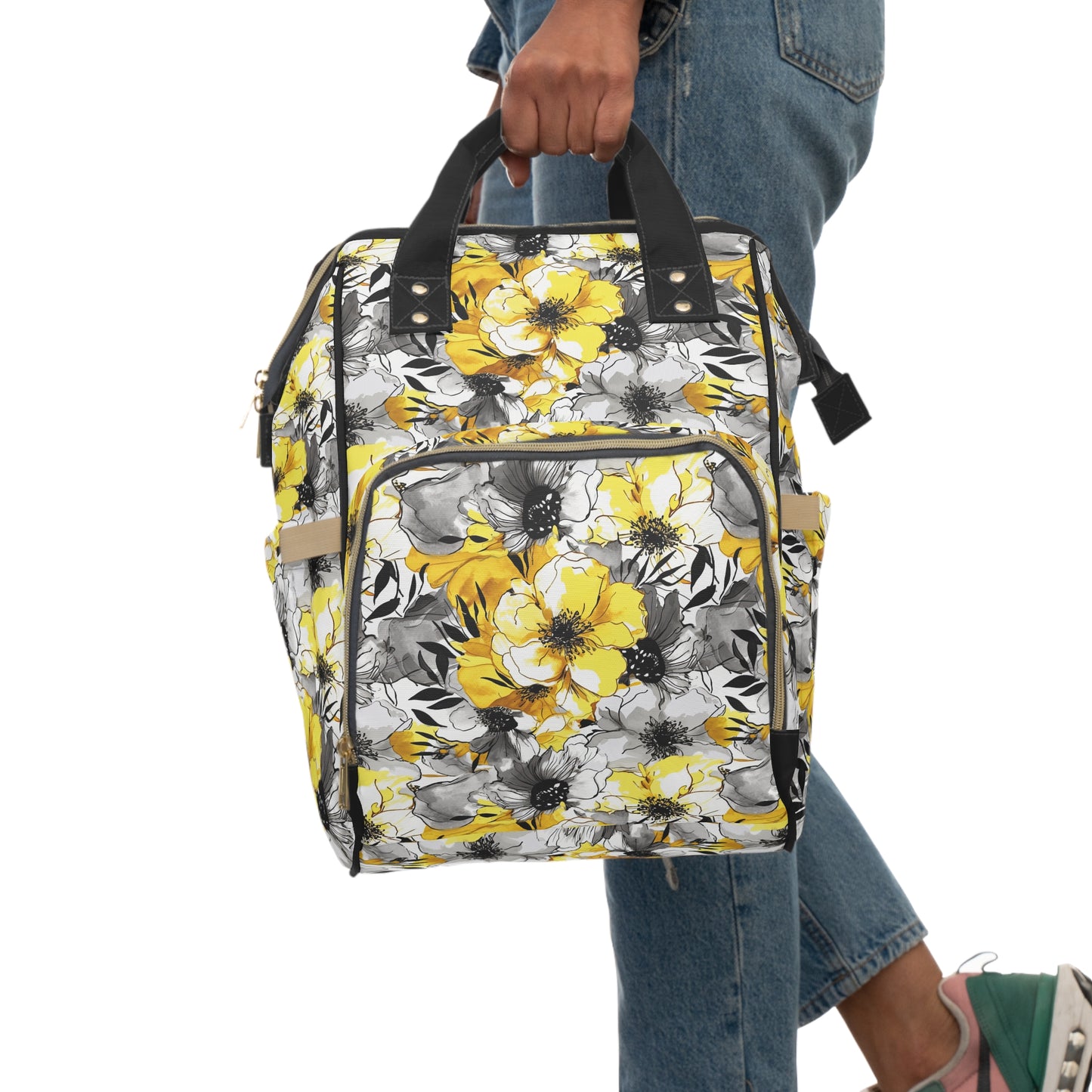 Soothing Radiance: Large Yellow and Grey Watercolor Flower Multifunctional Diaper Backpack