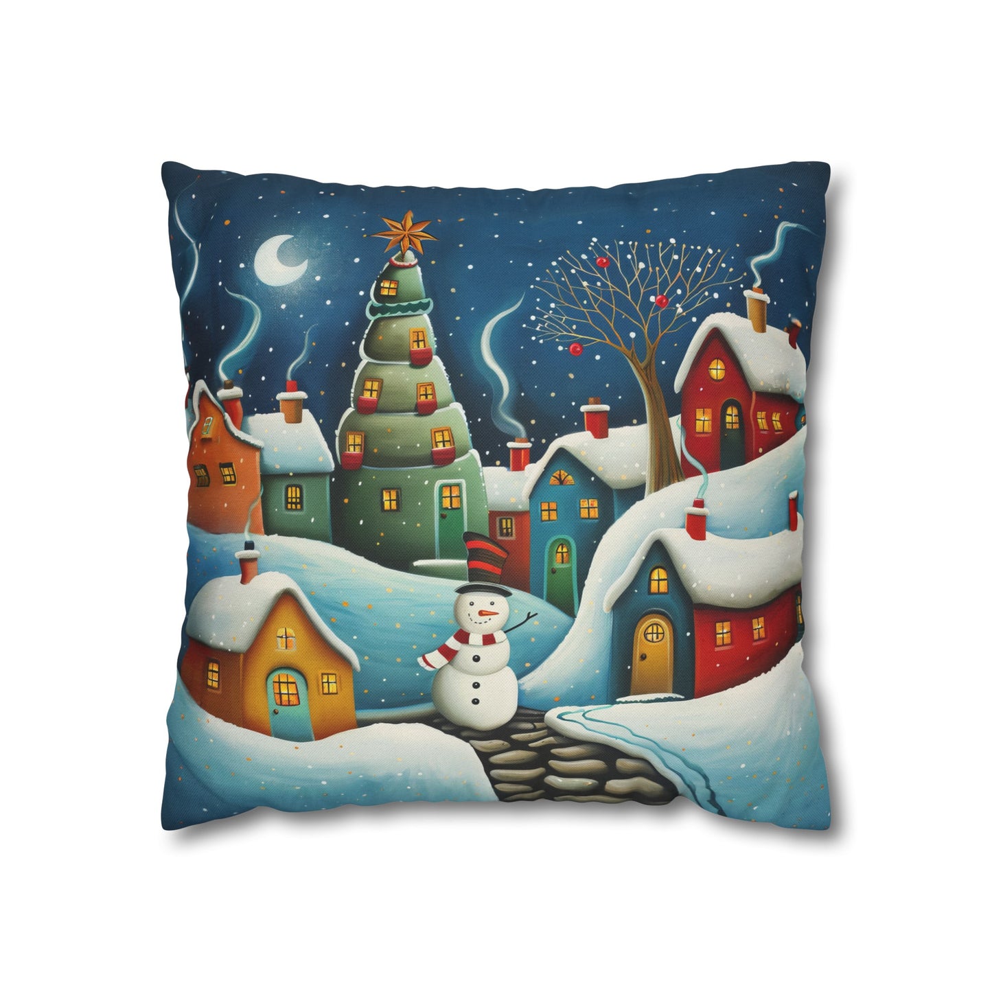 Starry Snowman Serenade: Village under a Starry Night Sky Spun Polyester Square Pillowcase 4 Sizes