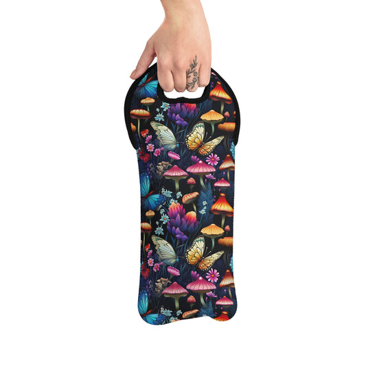 Neon Nocturne: Illuminated Butterfly and Mushroom Silhouettes Against the Night Sky Design Wine Tote Bag Reusable Eco Friendly