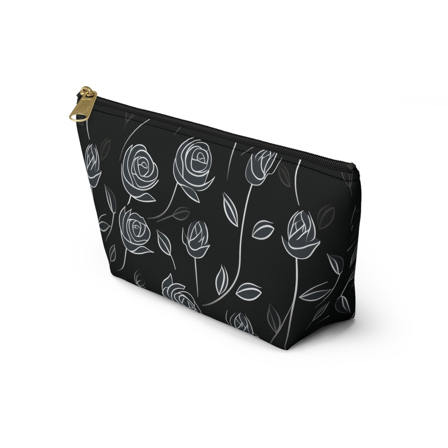 Contrasting Elegance: White Outlined Roses on a Black Background  - Makeup & Accessory Bag 2 Sizes