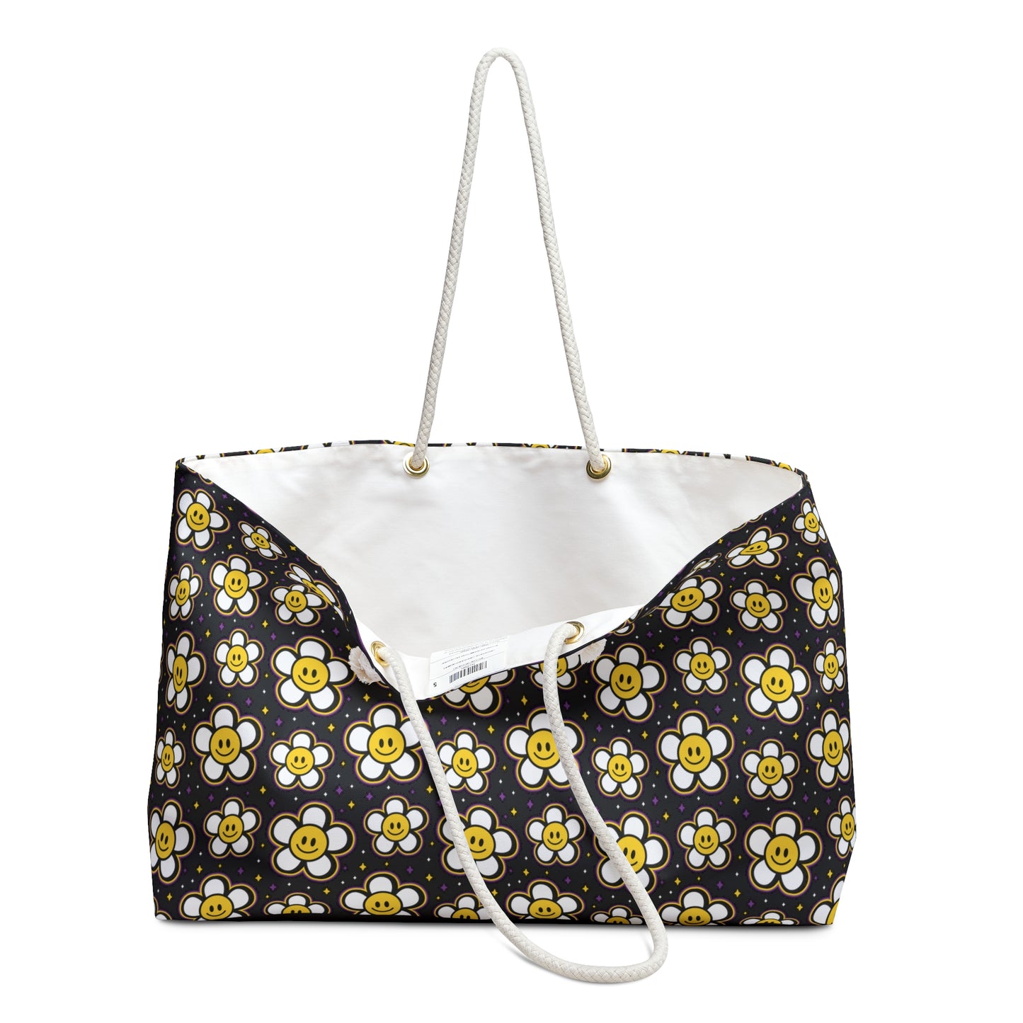 Retro Daisies with Smiley Faces  - Weekender Oversized Canvas Tote Bag 24" × 13"