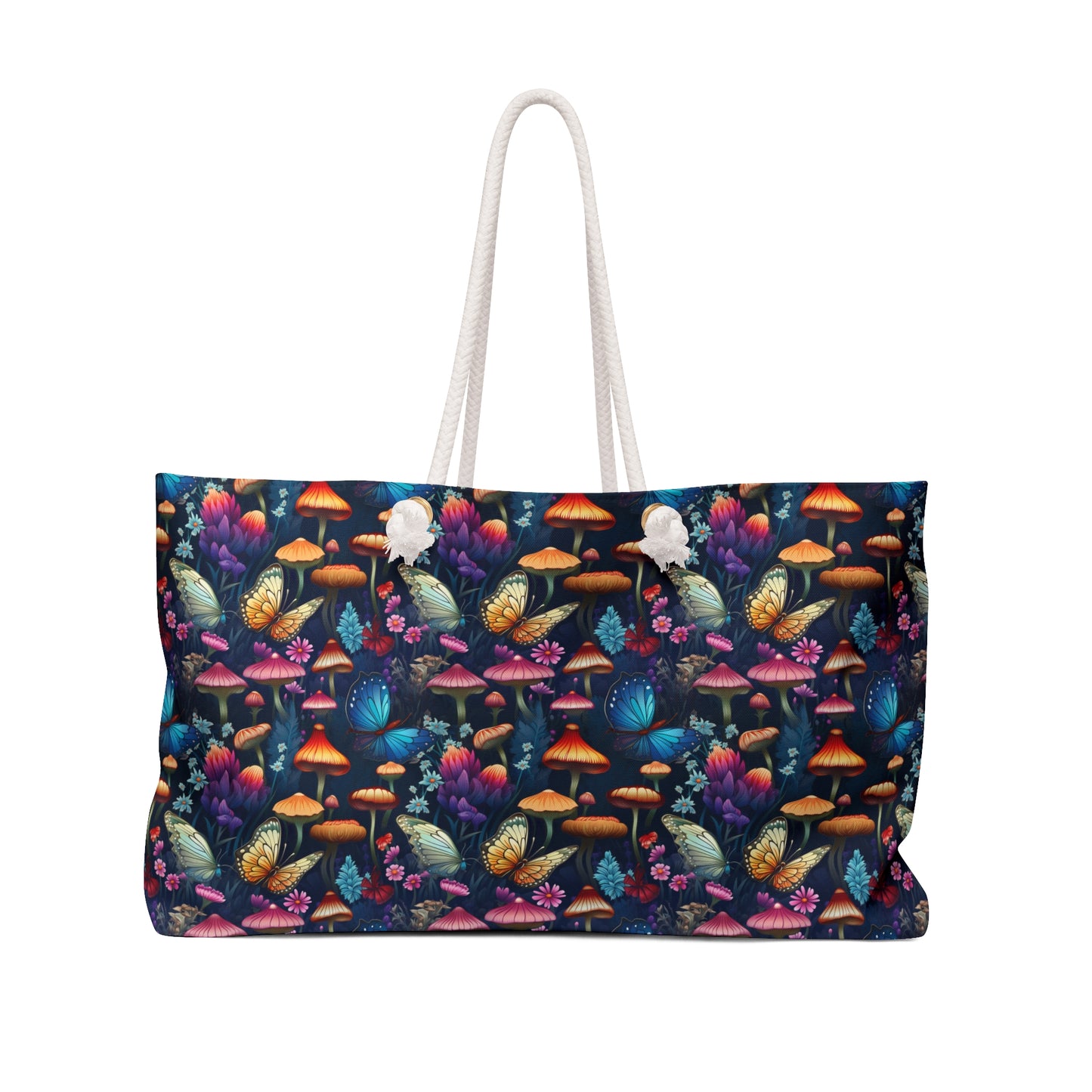 Mystical Butterflies and Mushroom Nighttime Garden - Weekender Oversized Canvas Tote Bag 24" × 13"